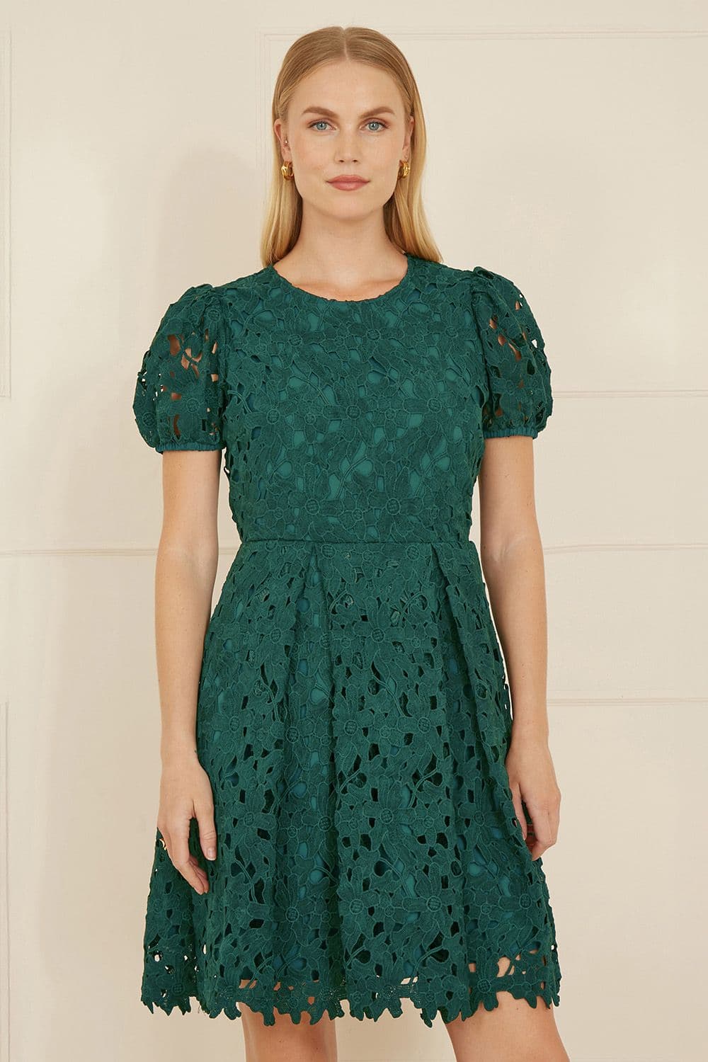 Yumi Women's Green Lace Skater Dress With Puff Sleeves | Size: 14