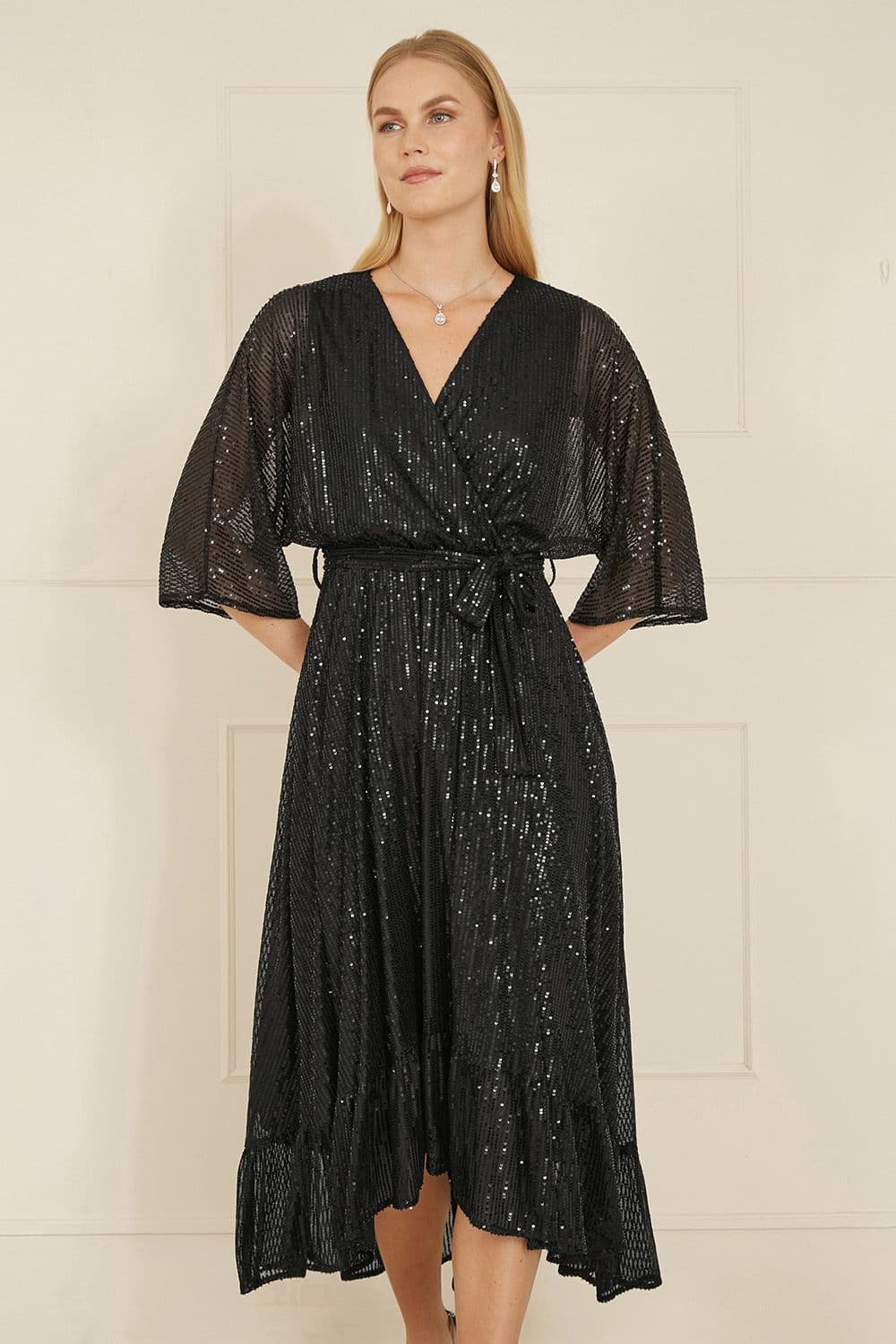 Yumi Women's Black Sequin Kimono Midi Wrap Dress | Size: 16