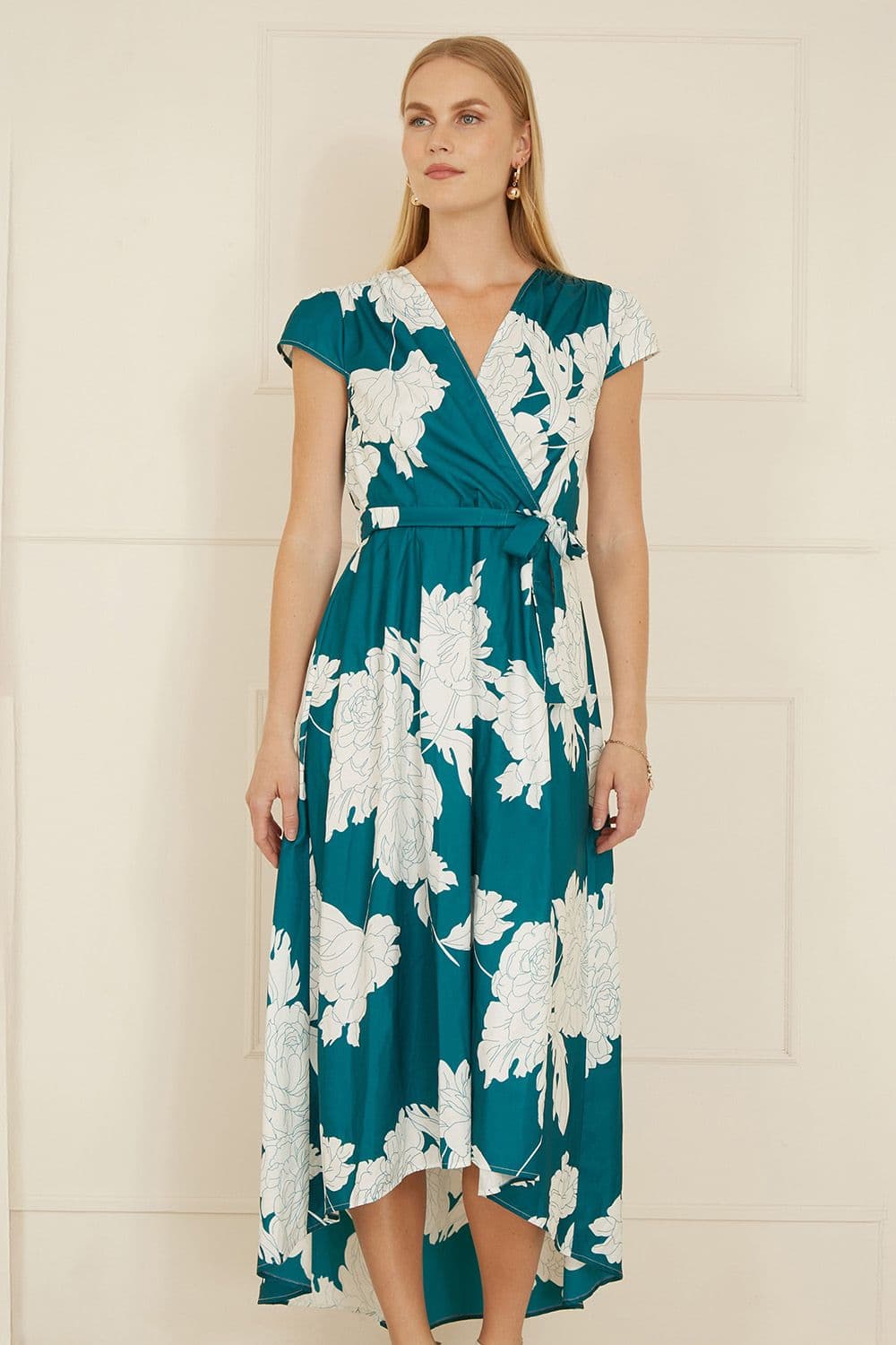 Yumi Women's Green Blossom Print Wrap Midi With Dipped Hem | Size: 12