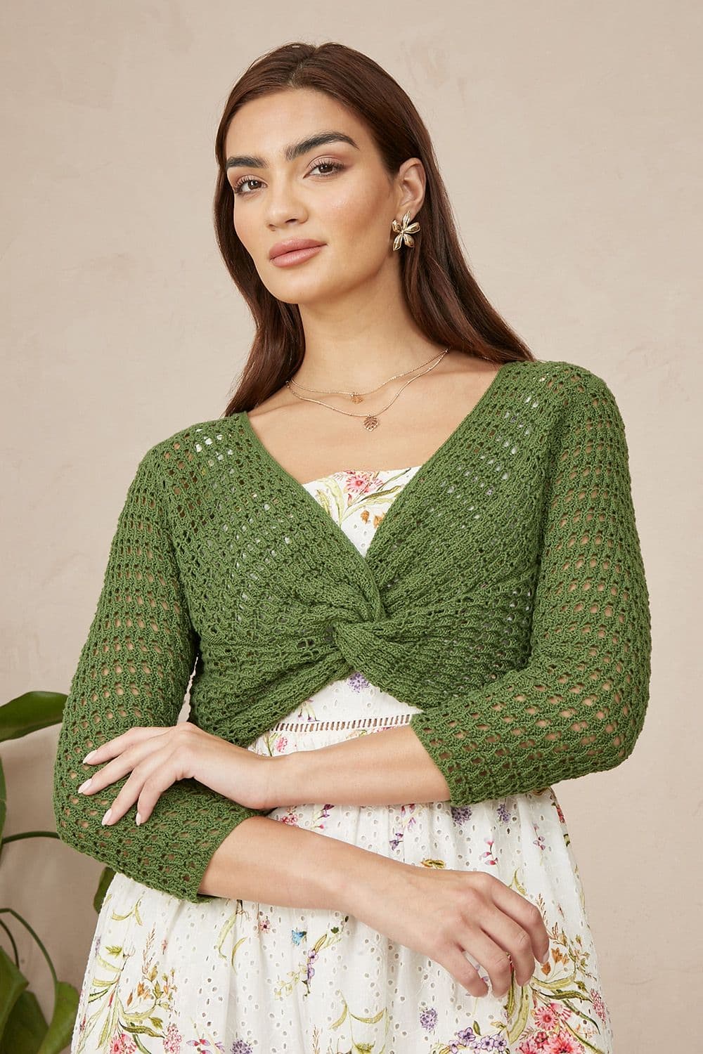 Yumi Women's Green Crochet Cotton Twisted Bolero Top | Size: Large