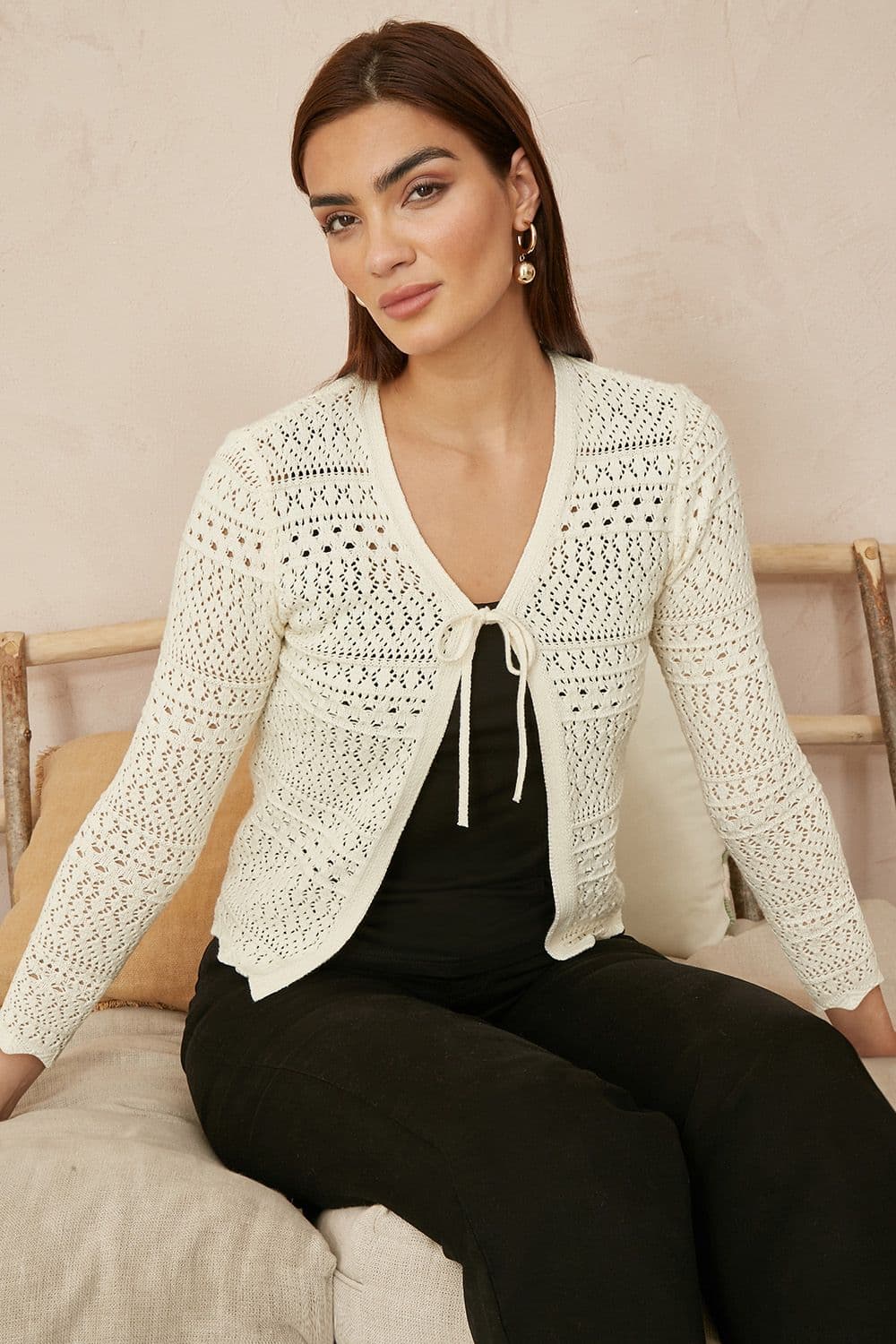 Yumi Women's Ivory Crochet Tie Front Cardigan | Size: XL