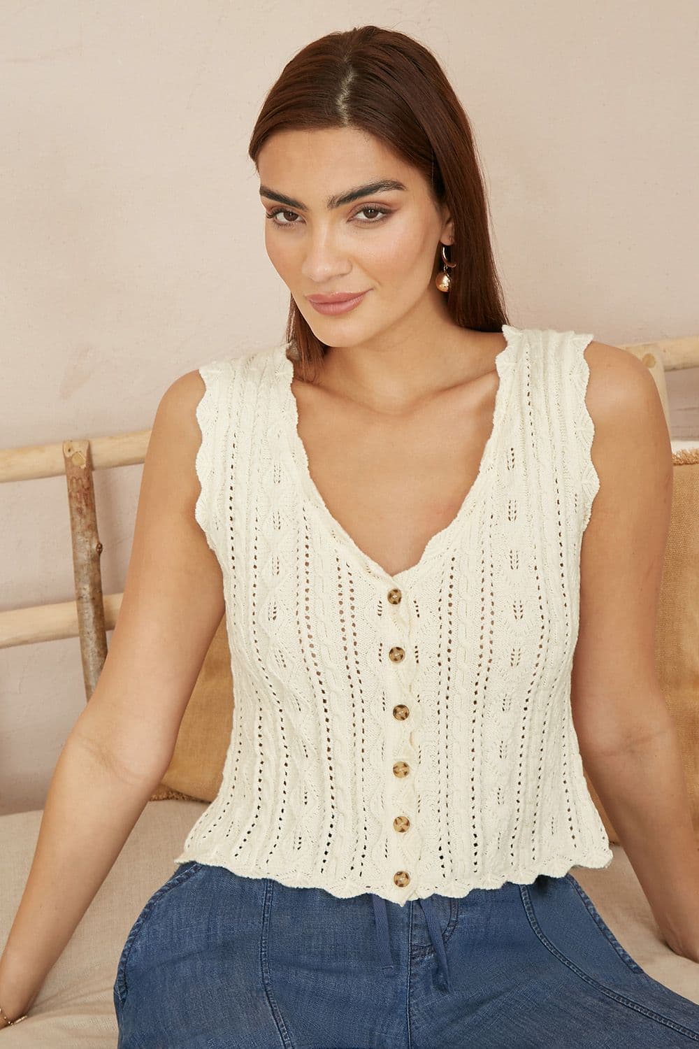 Yumi Women's Beige V Neck Button Down Crochet Knitted Top in Ivory | Size: Large