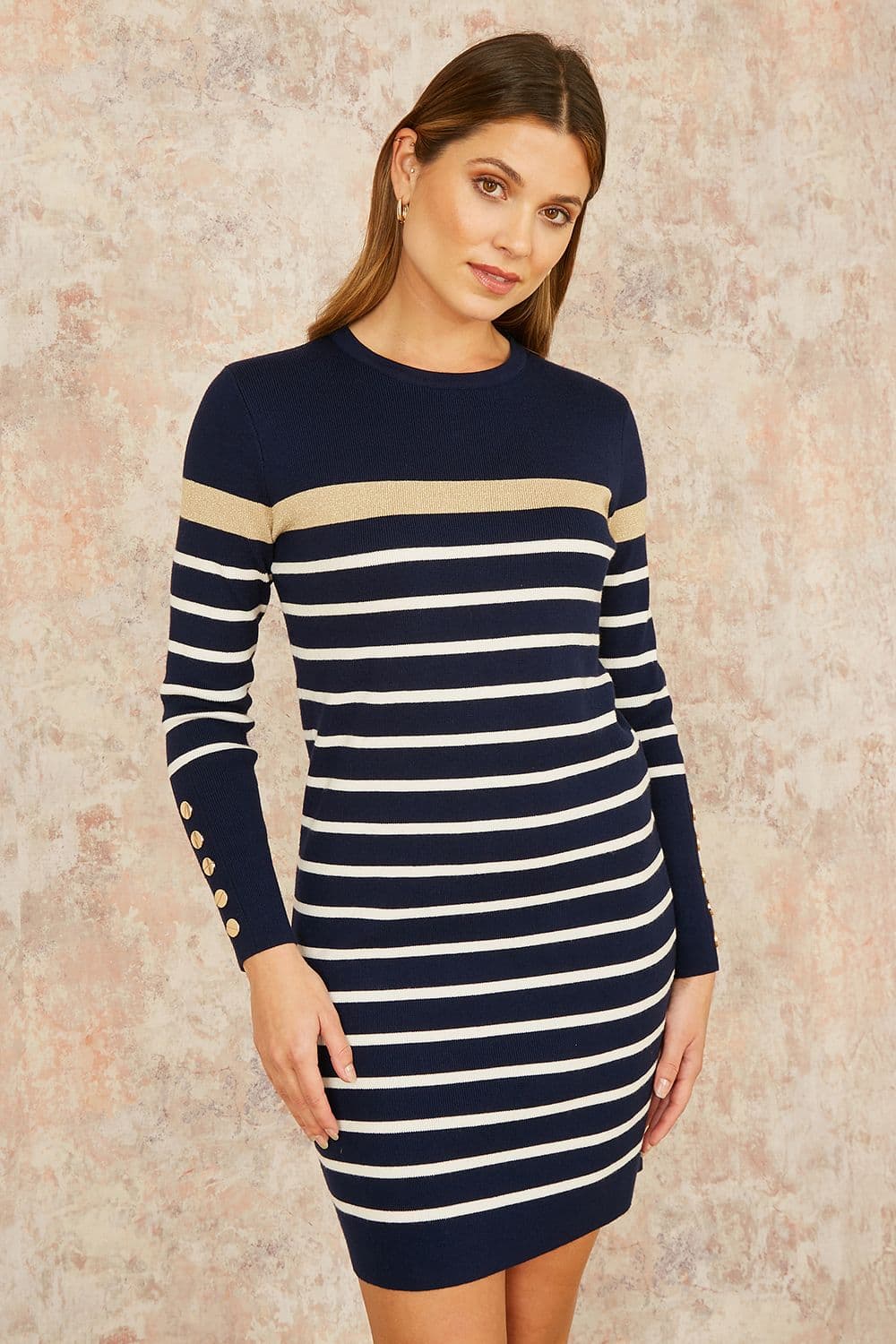 Yumi Women's Navy Striped Knitted Dress With Button Cuff Detail | Size: Medium