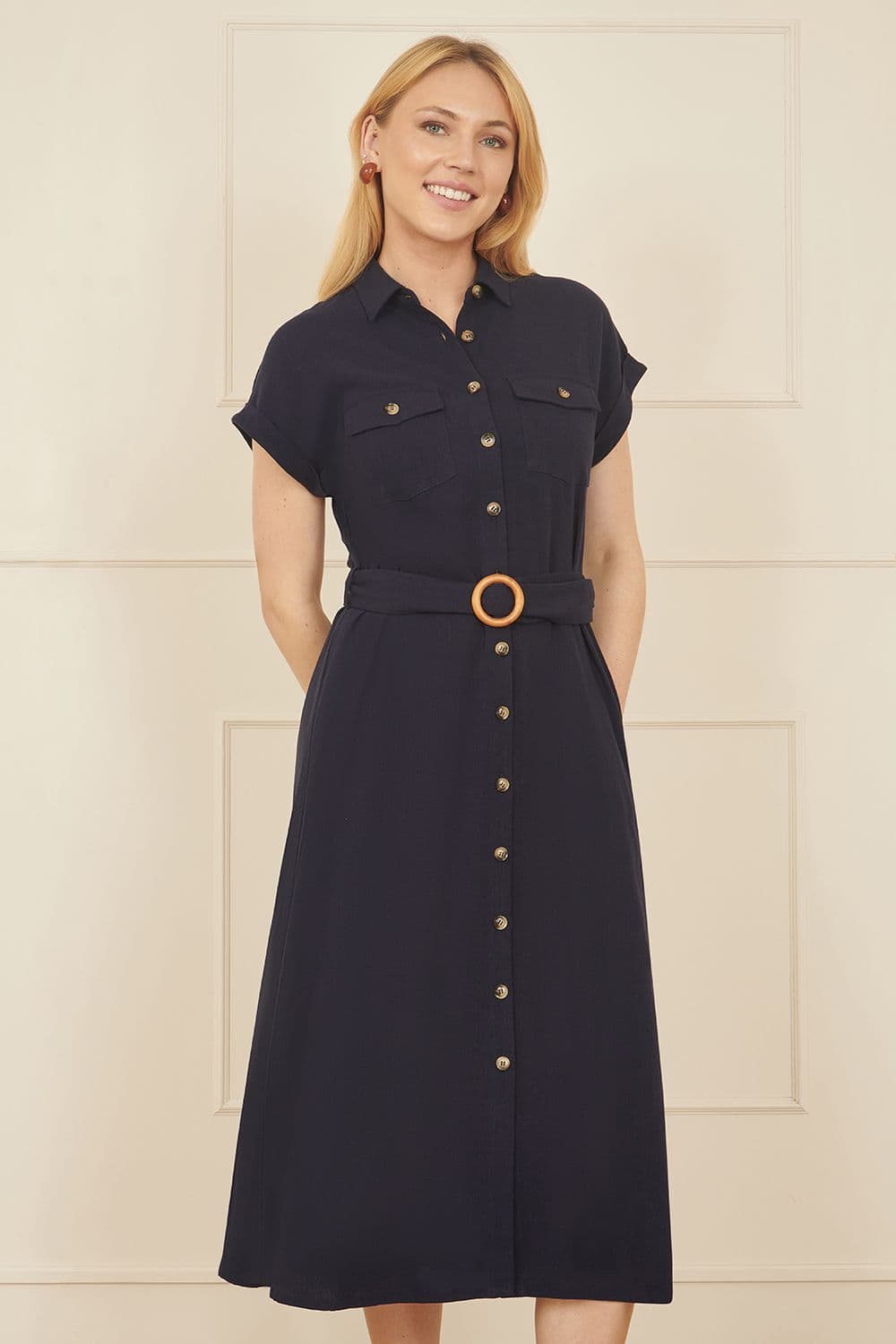 Yumi Women's Navy Viscose Linen Look Midi Shirt Dress With Wooden Belt | Size: 22