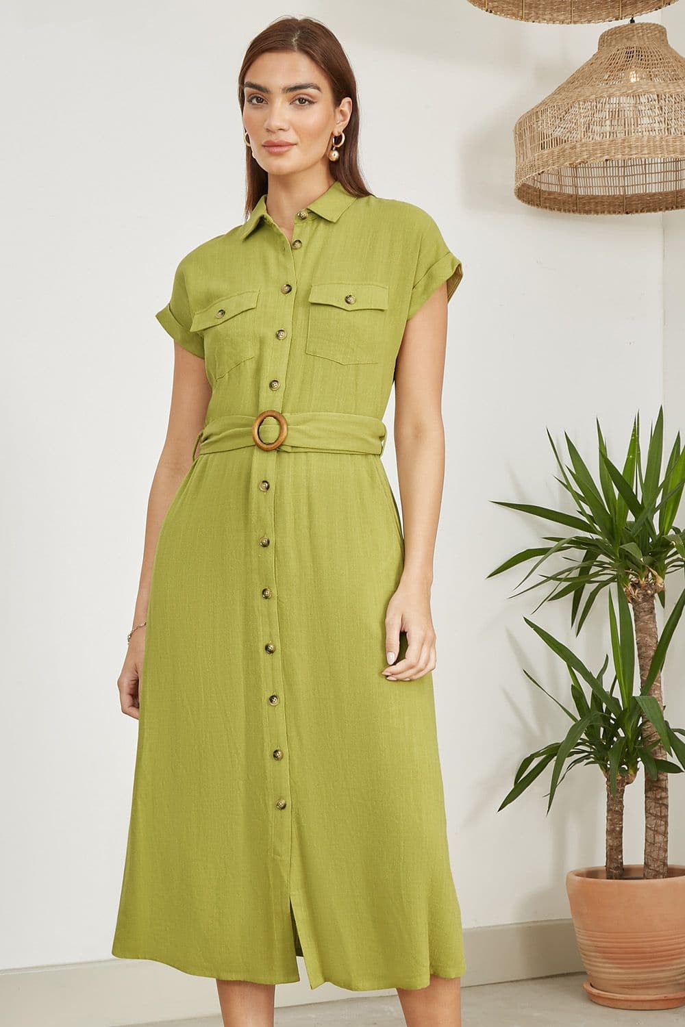 Yumi Women's Green Viscose Linen Look Midi Shirt Dress With Wooden Belt in Light Green | Size: 18