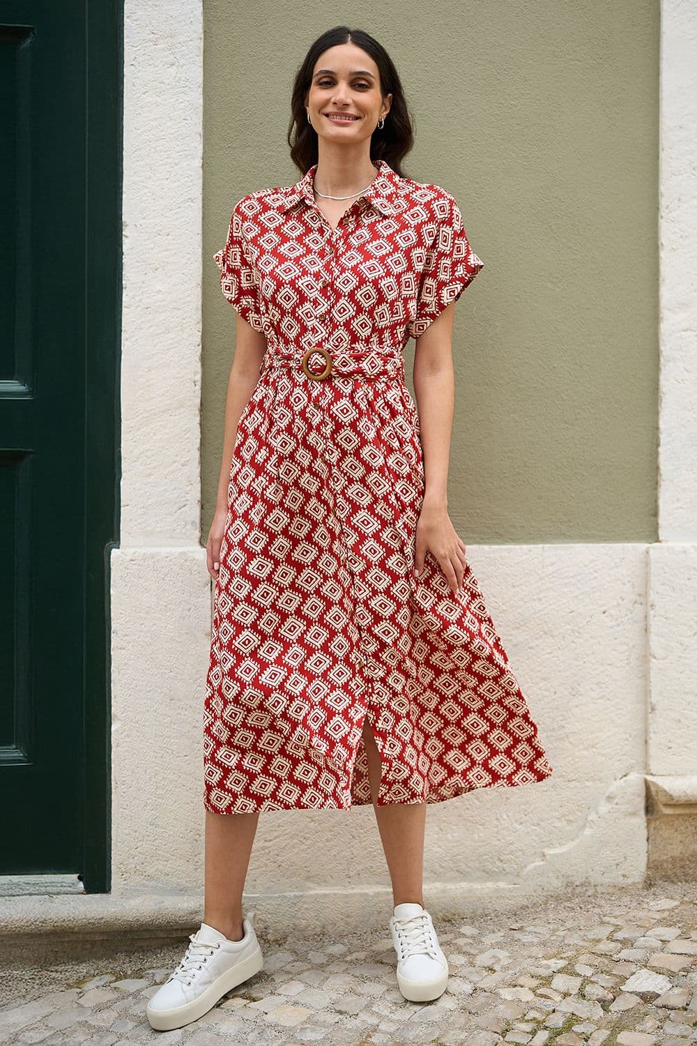 Yumi Women's Red Viscose Midi Shirt Dress With Matching Belt | Size: 22