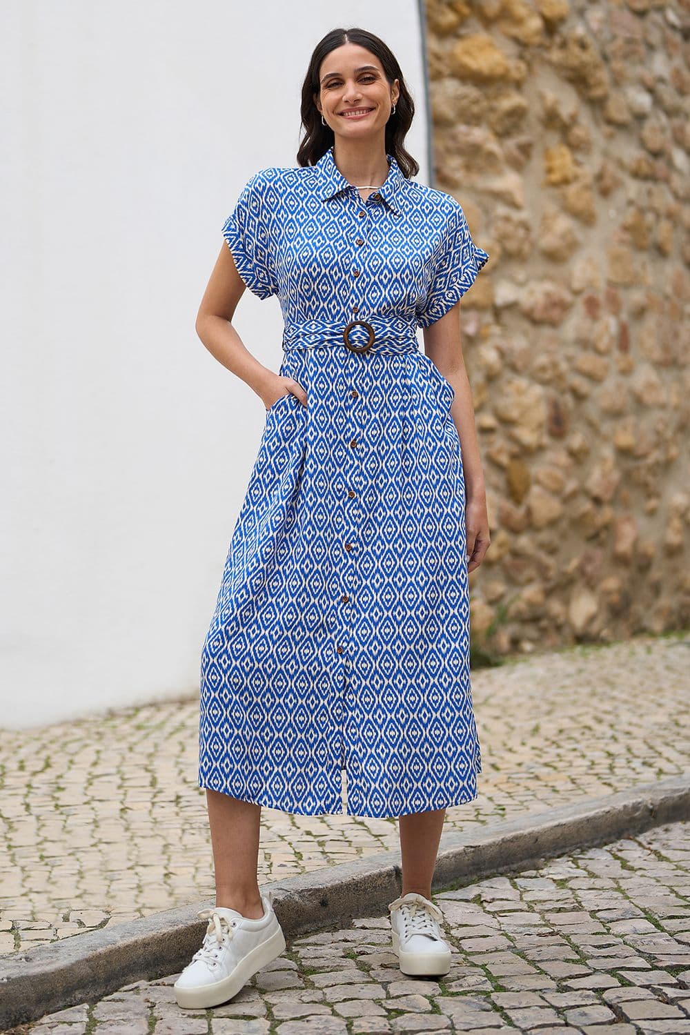 Yumi Women's Blue Viscose Midi Shirt Dress With Matching Belt | Size: 12