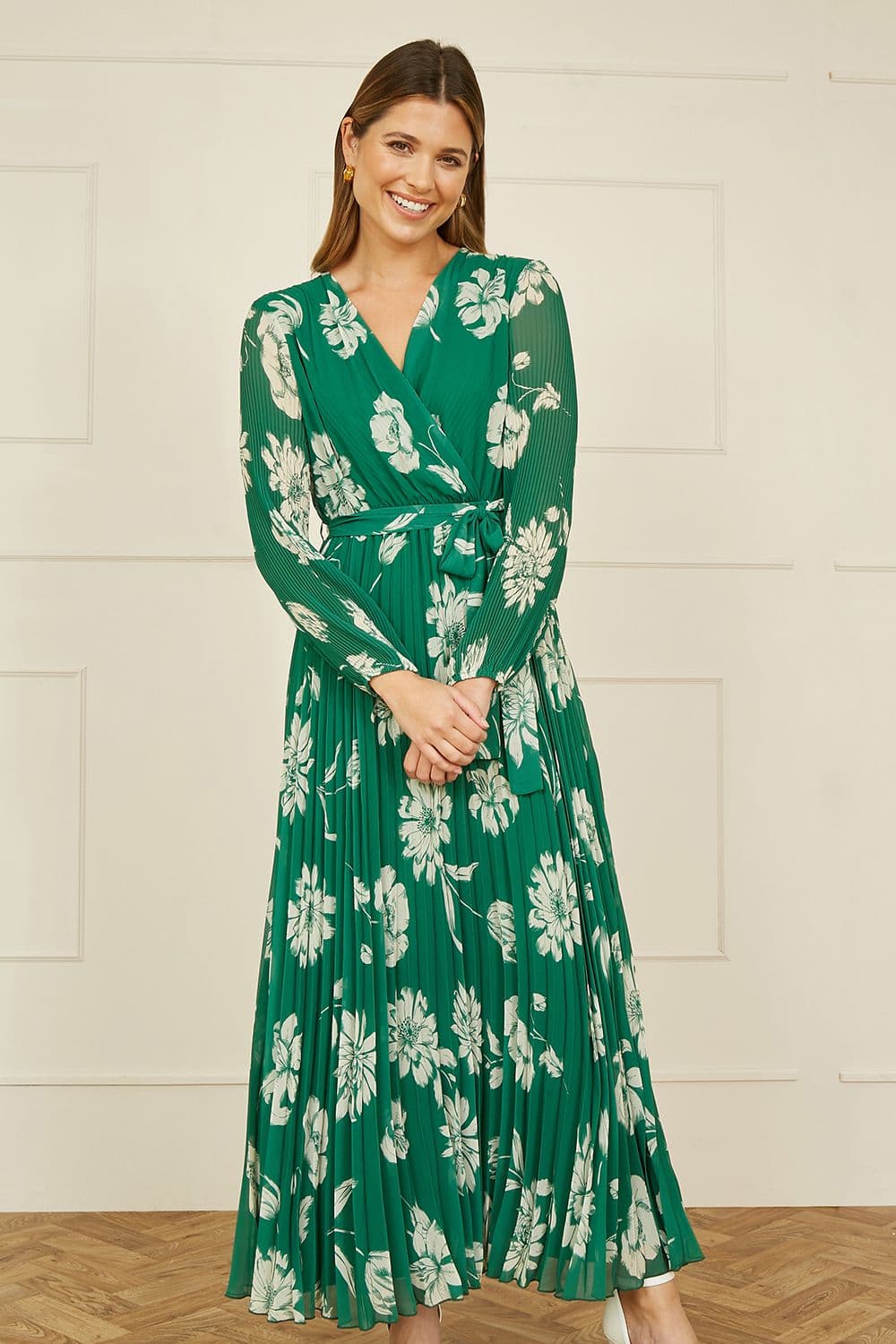 Yumi Women's Green Floral Pleated Midi Wrap Long Sleeve Dress | Size: 12