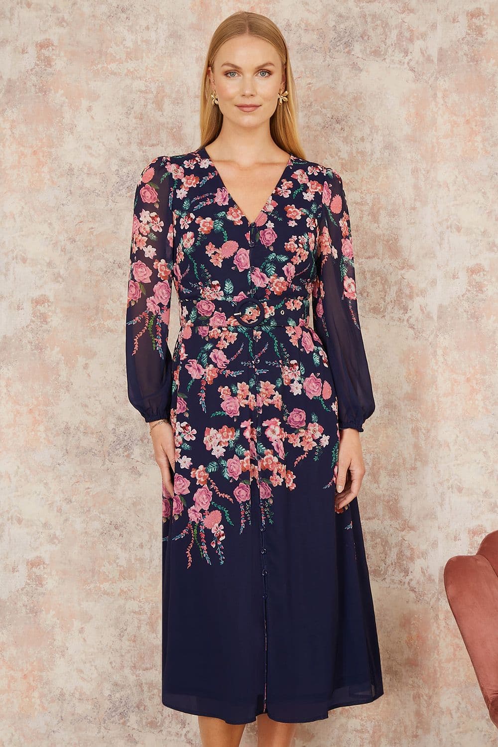 Yumi Women's Navy Button Up Midi Dress With Floral Placement & Long Sleeves | Size: 12