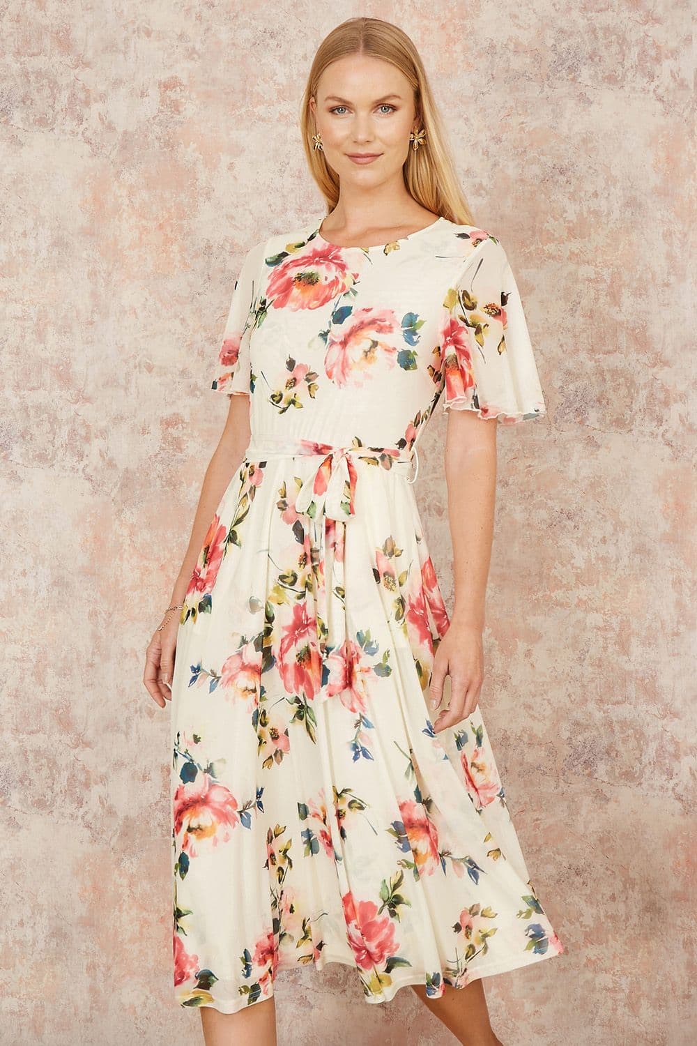 Yumi Women's Ivory Mesh Floral Print Midi Dress With Angel Sleeves | Size: 16