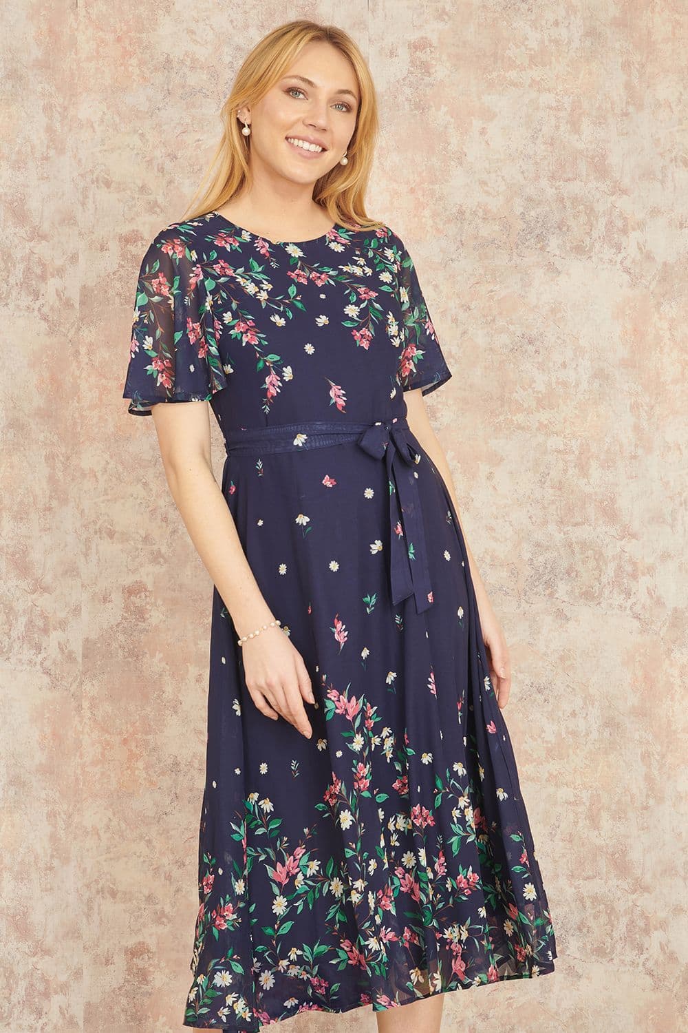 Yumi Women's Navy Daisy Mirror Placement Skater Dress With Angel Sleeves | Size: 12