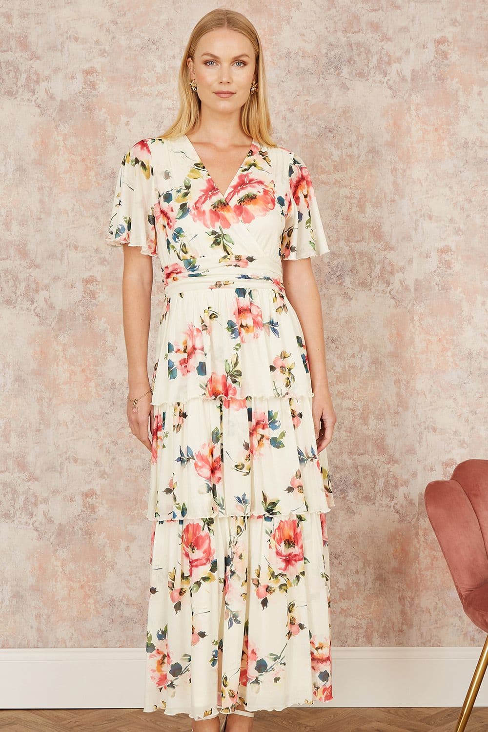 Yumi Women's Ivory Floral Mesh Tiered Maxi Dress | Size: 12