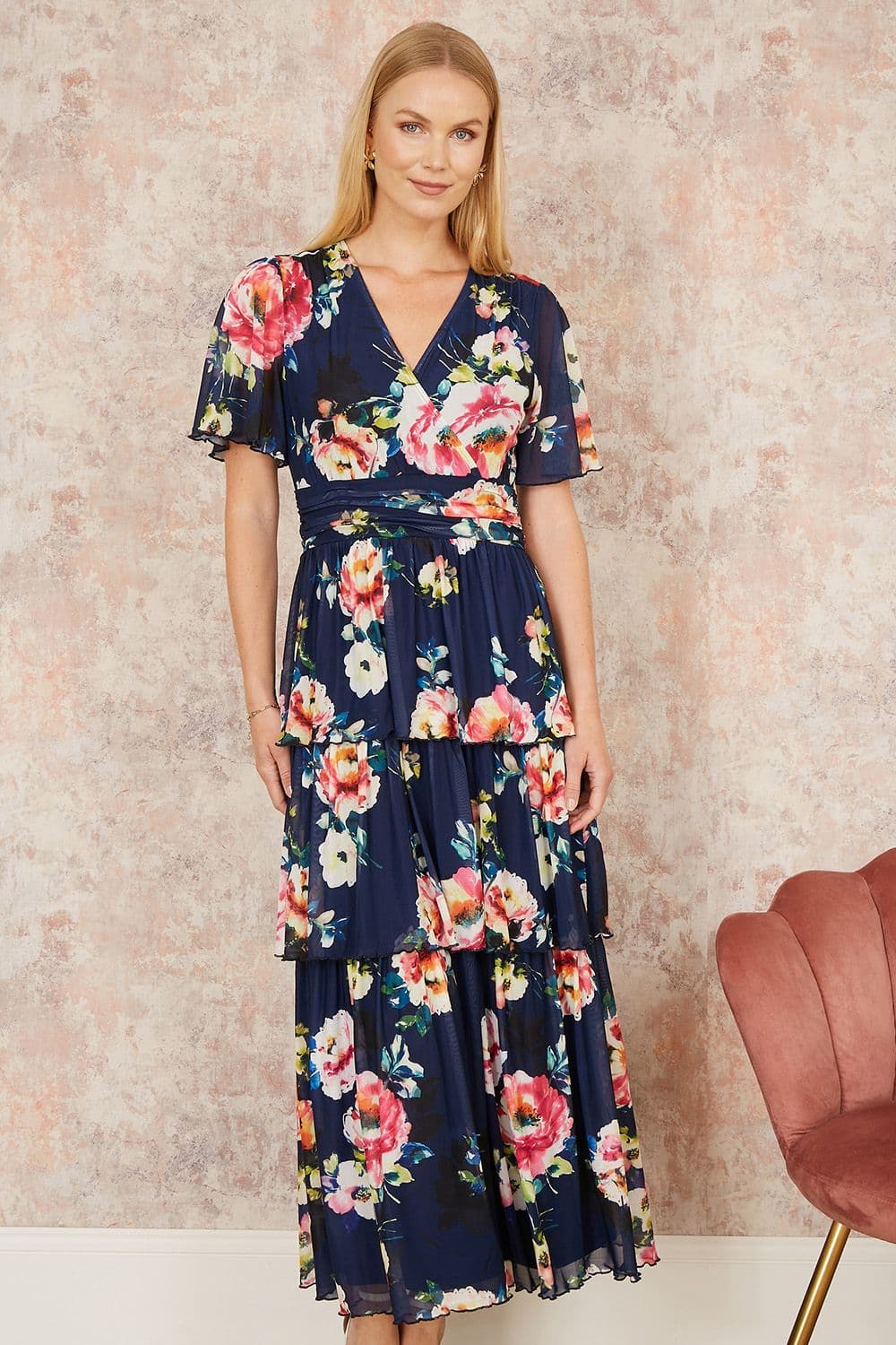 Yumi Women's Navy Floral Mesh Tiered Maxi Dress | Size: 12
