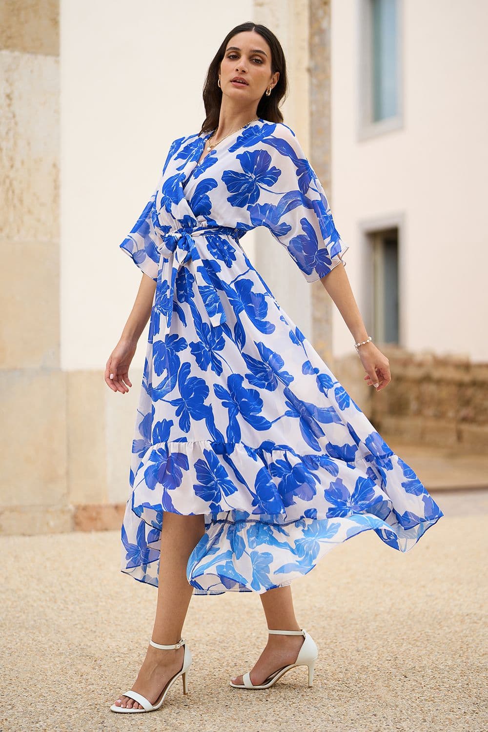 Yumi Women's Navy Kimono Sleeves Midi Dip Hem Wrap Midi Dress in Blue | Size: 16