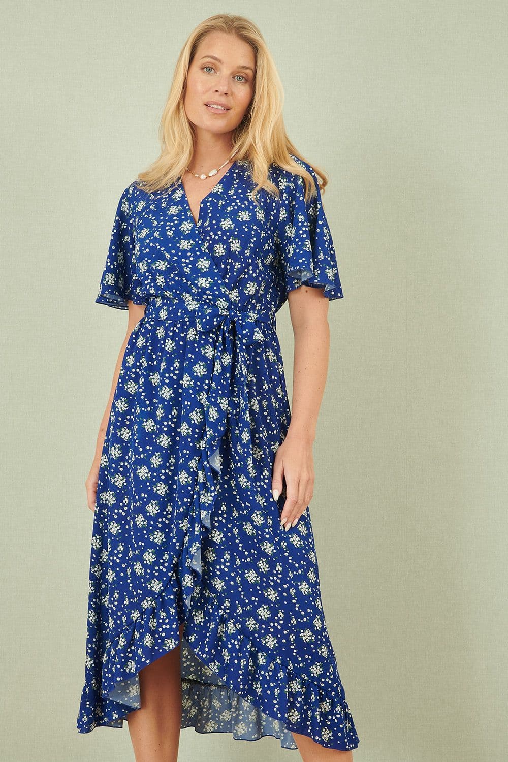 Yumi Women's Blue Floral Wrap Dress With Frill Hem | Size: 8
