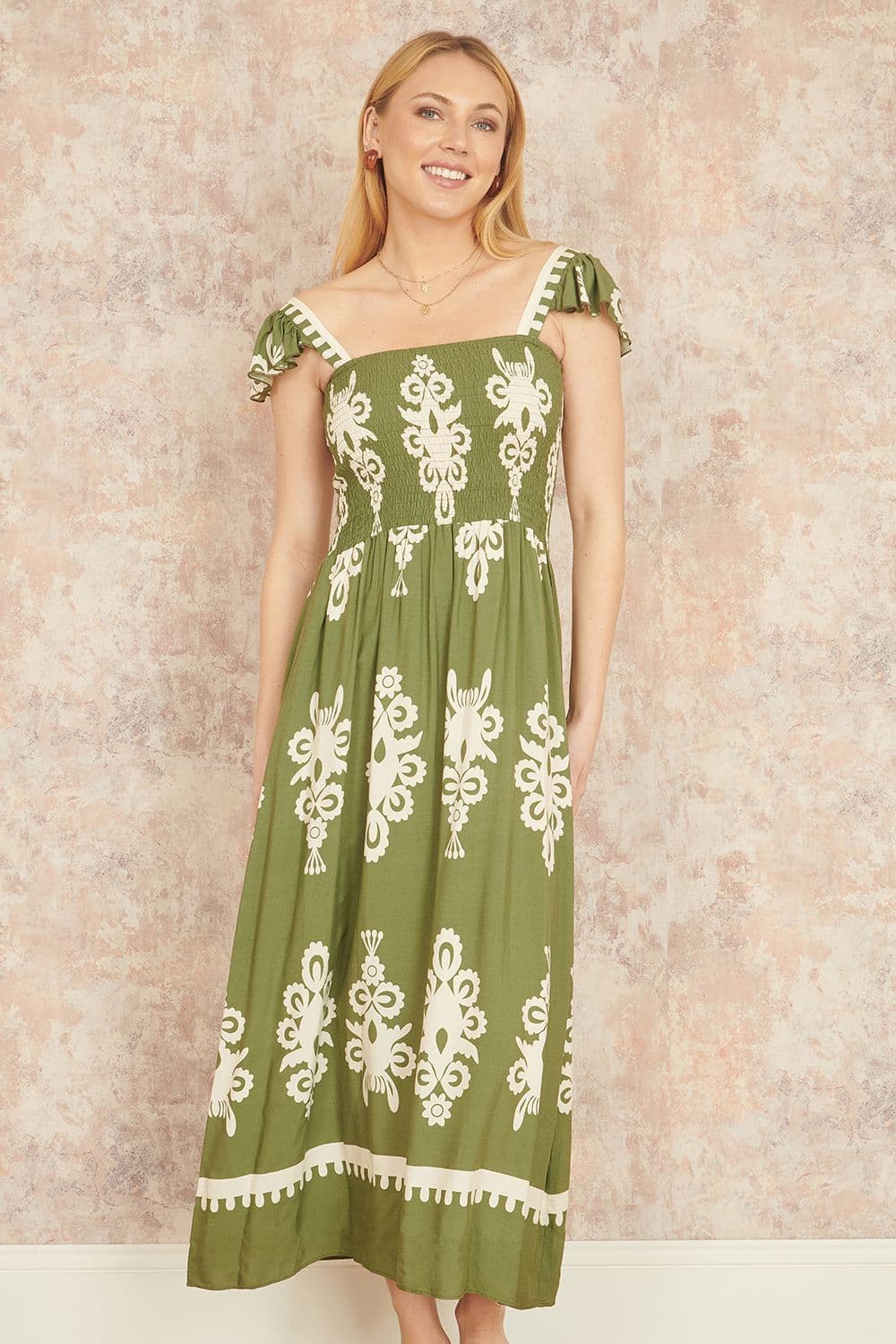 Yumi Women's Green Block Print Ruched Maxi Dress | Size: 12