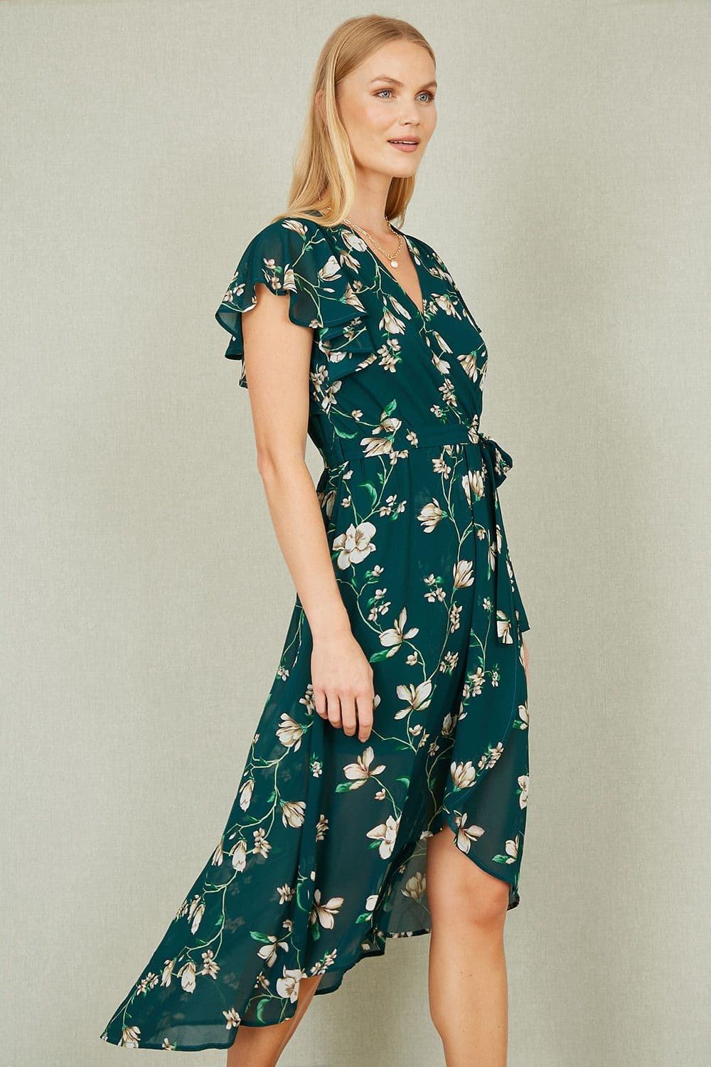 Yumi Women's Green Floral Wrap Midi Dress With Frill Hem | Size: 18