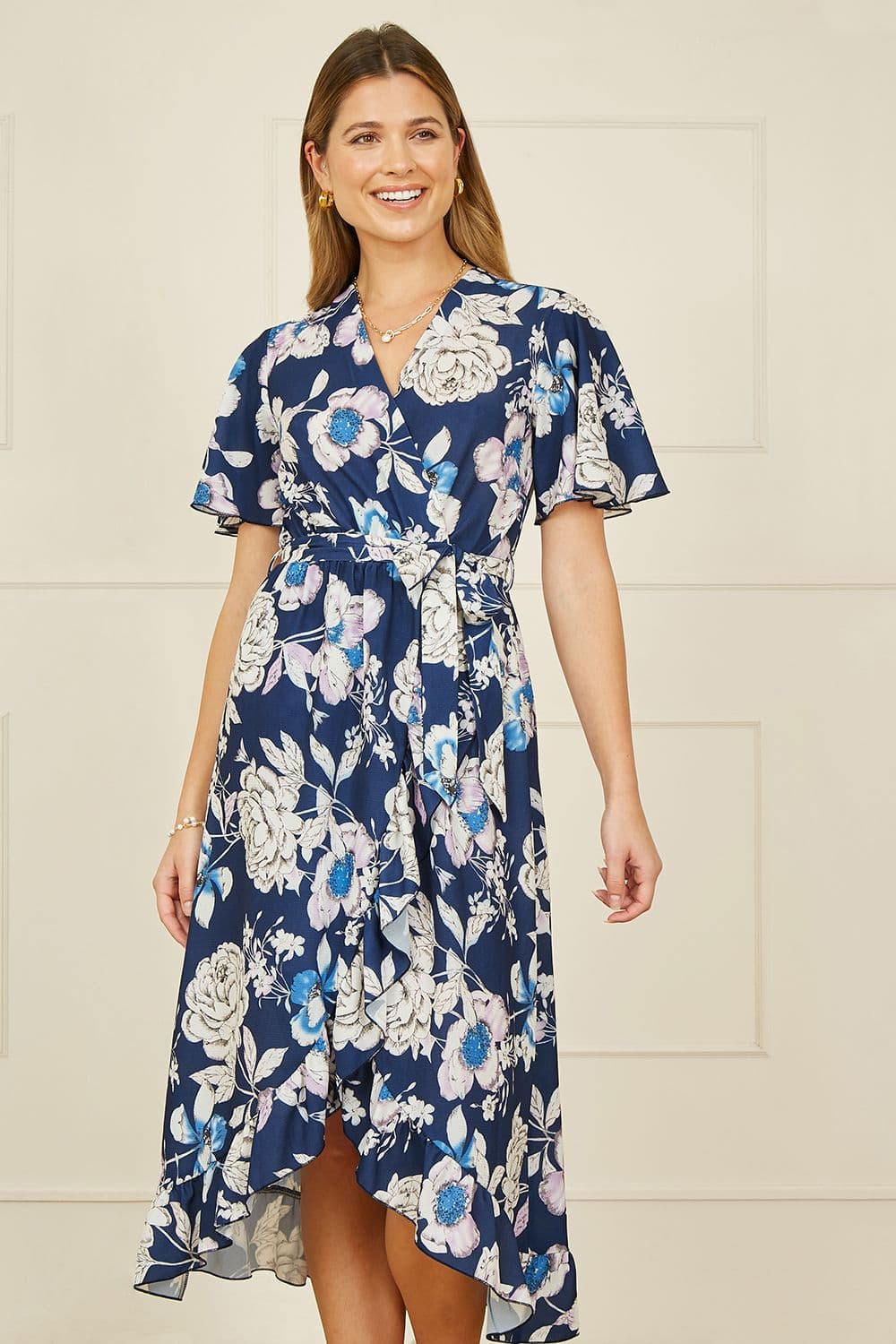 Yumi Women's Navy Floral Midi Wrap Dress | Size: 12