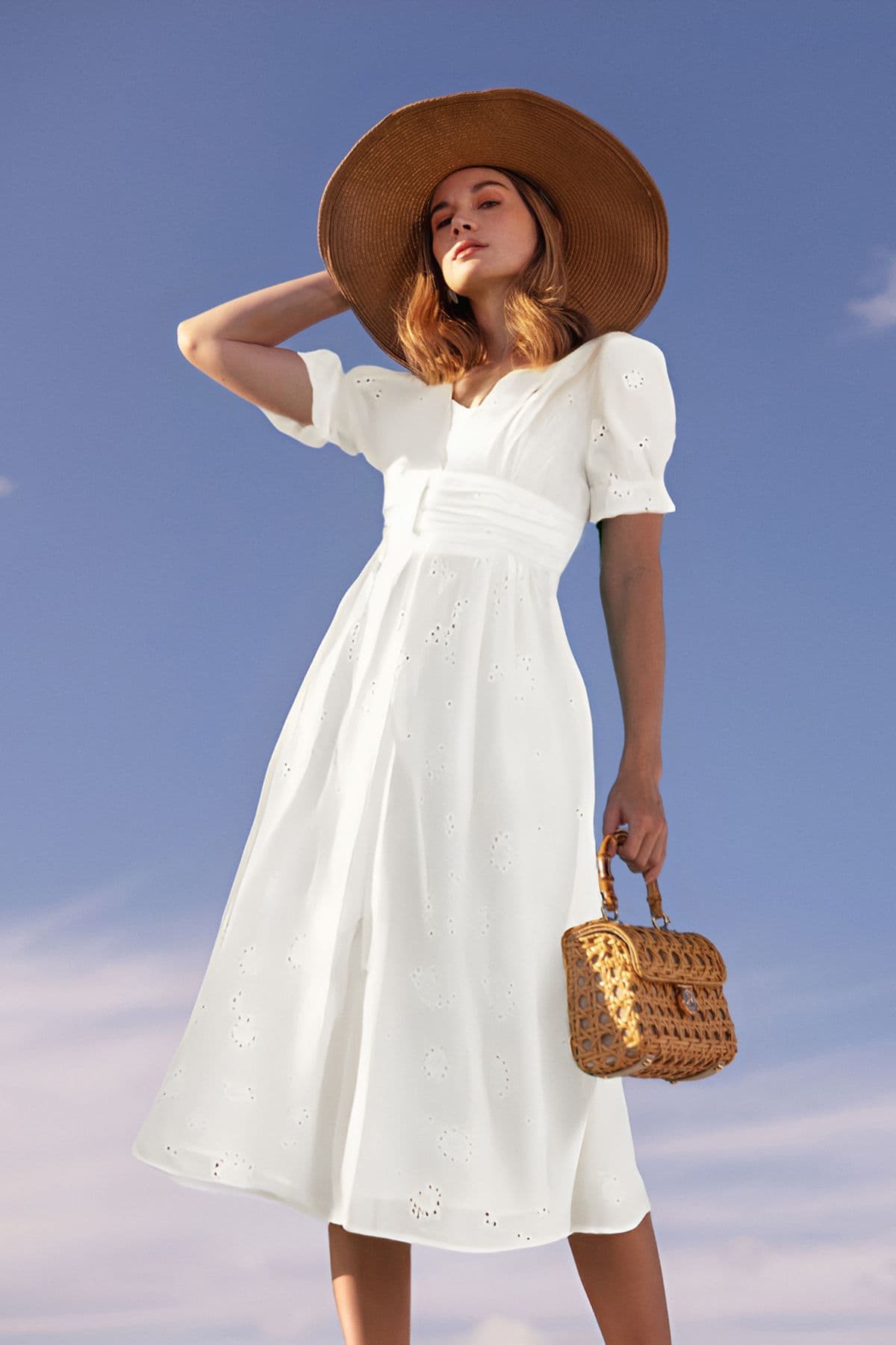 Yumi Women's White Cotton Broderie Anglaise Midi Button Up Dress | Size: 14
