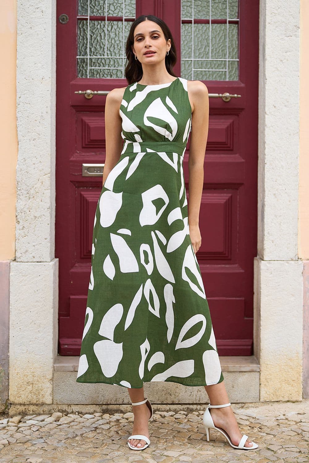 Yumi Women's Green Cotton Abstract Print Maxi Dress With Tie Back | Size: 16