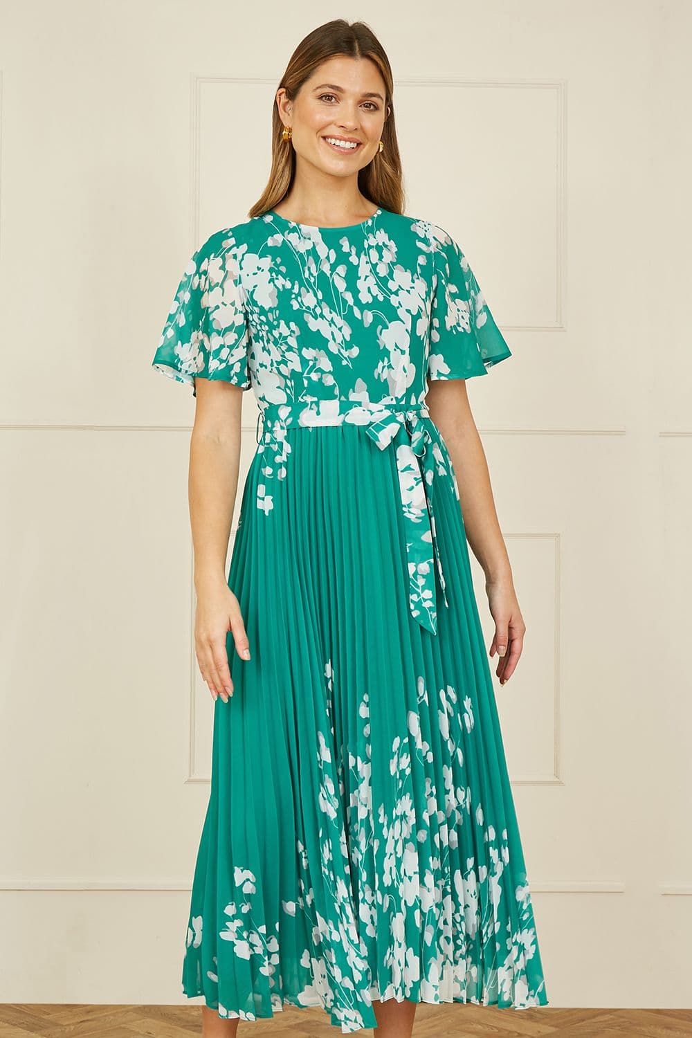 Yumi Women's Green Mirror Floral Design Pleated Midi Dress | Size: 8