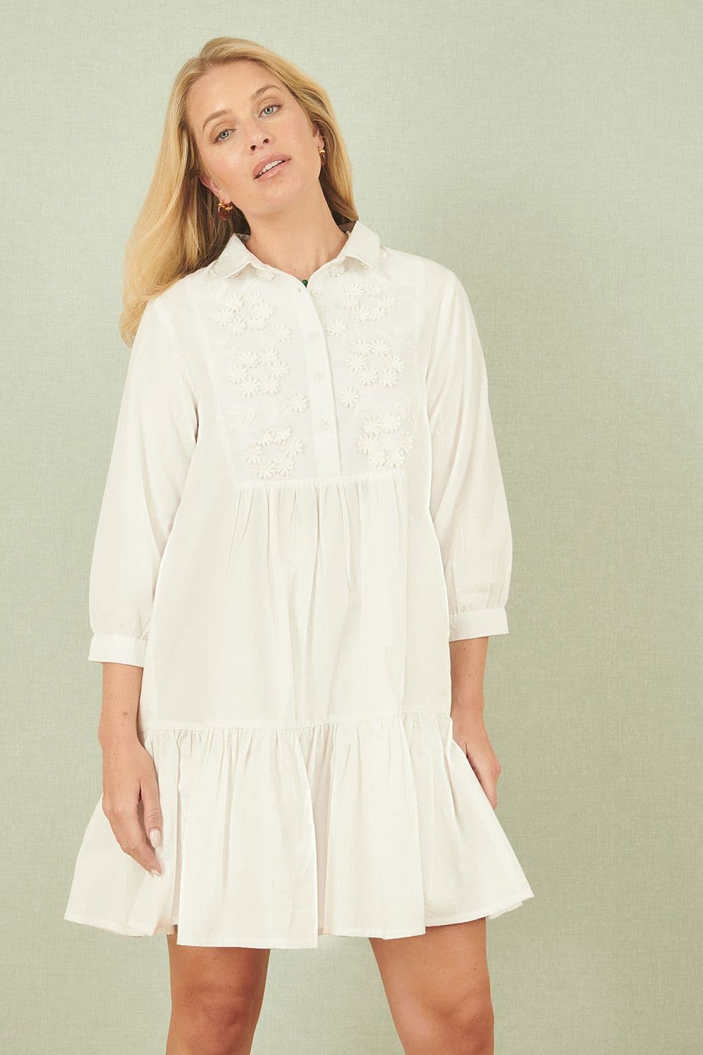 Yumi Women's White Cotton Flower Tunic Dress | Size: 14