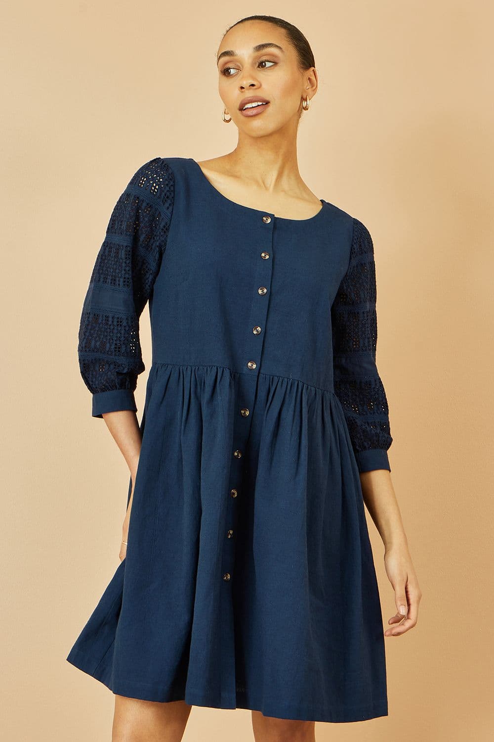 Yumi Women's Navy Cotton Tunic With Broderie Anglaise Puff Sleeves | Size: 8