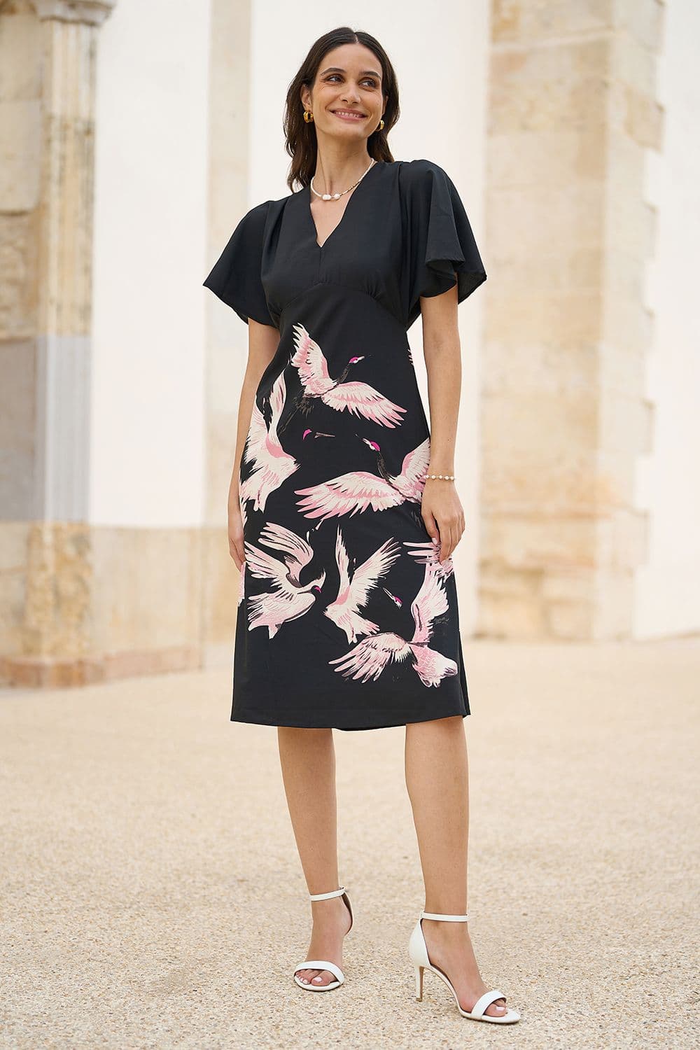 Yumi Women's Black Fabric Crane Print Kimono Midi Dress | Size: 8