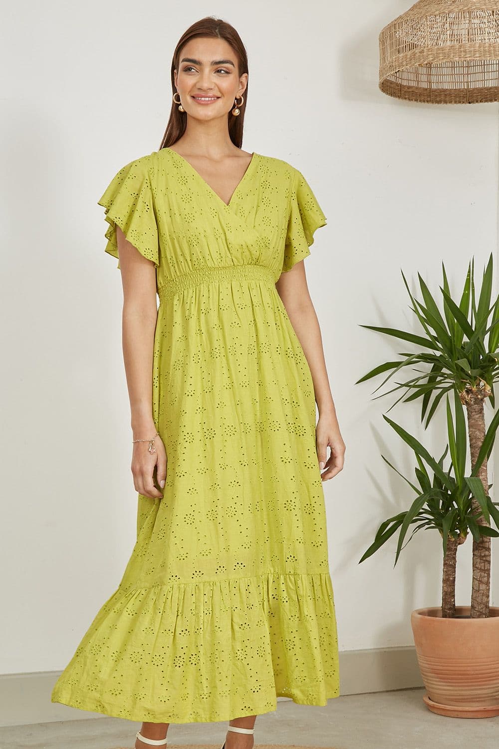 Yumi Women's Lime Cotton Broderie Anglaise Wrap Midi Dress in Light Green | Size: 10