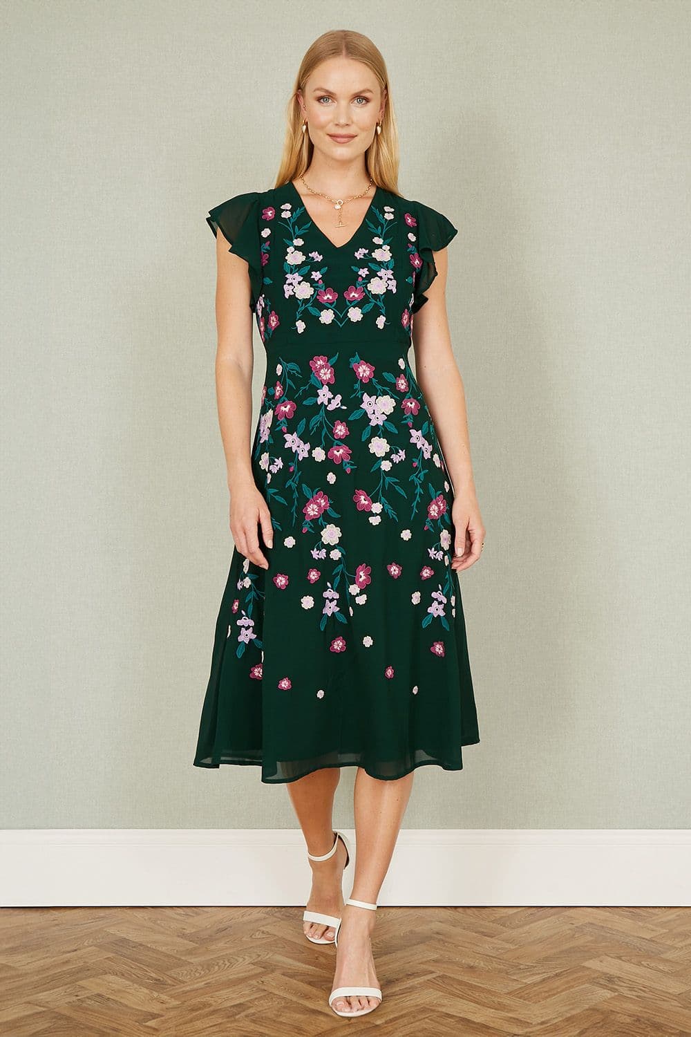 Yumi Women's Green All Over Floral Embroidery Midi Skater Dress | Size: 12