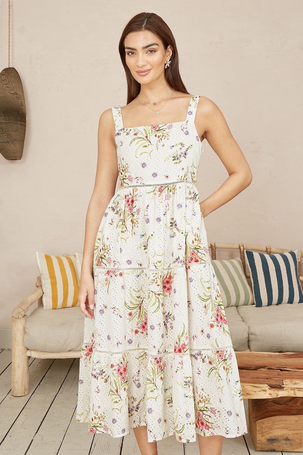 Yumi Women's White Floral Broderie Anglaise Midi Sun Dress in Ivory | Size: 12