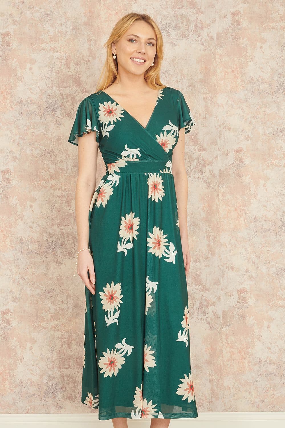 Yumi Women's Green Mesh Flower Wrap Midi Dress With Pockets | Size: 14
