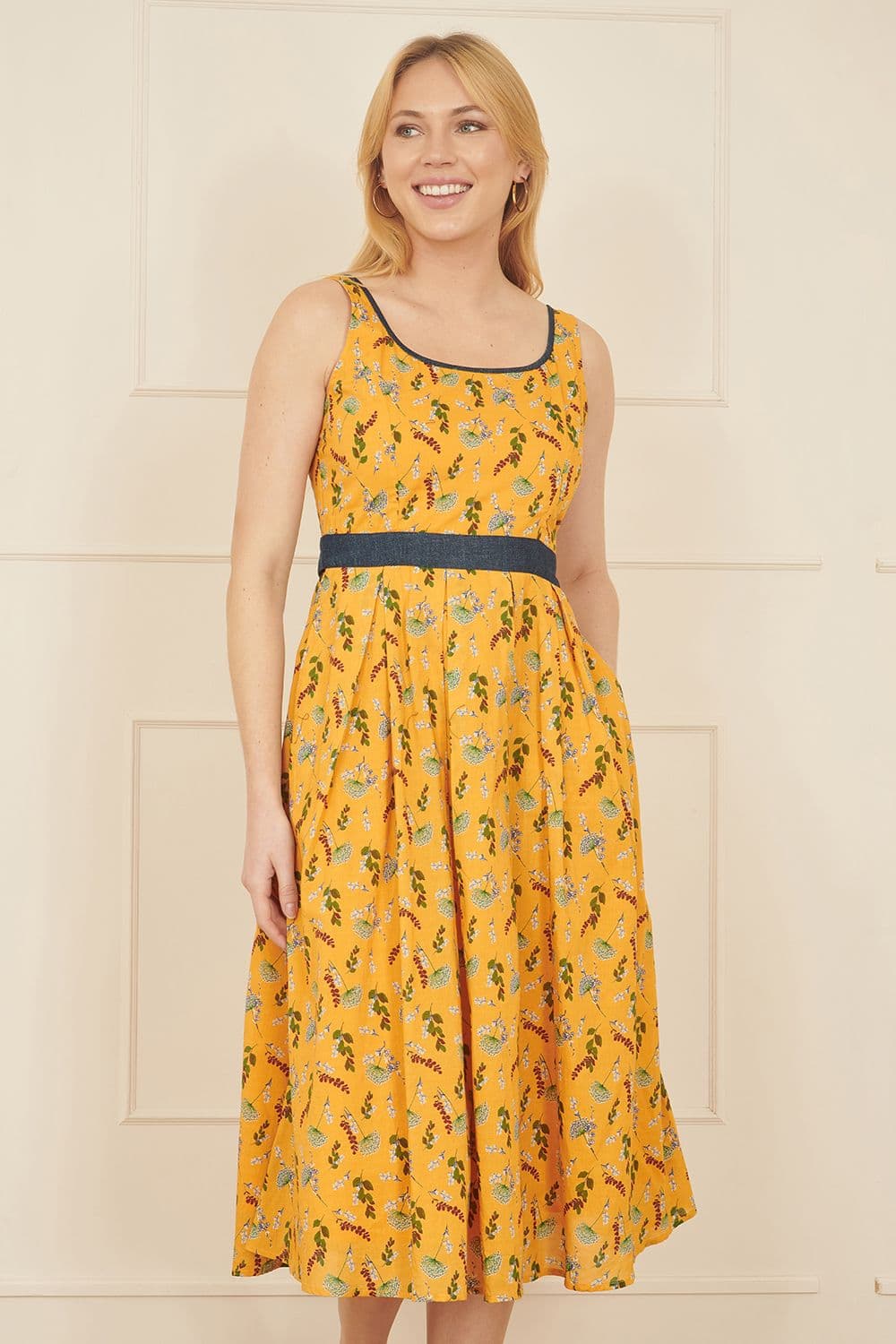 Yumi Women's Mustard Floral Skater Dress With Denim Trims | Size: 8