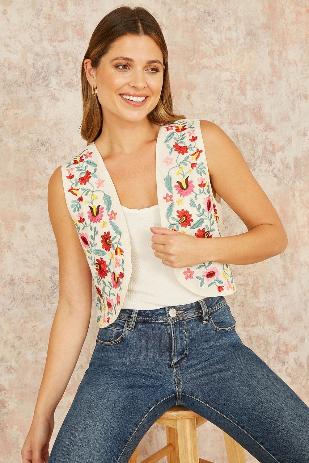 Yumi Women's White Folk Embroidered Cotton Waist Coat | Size: Medium