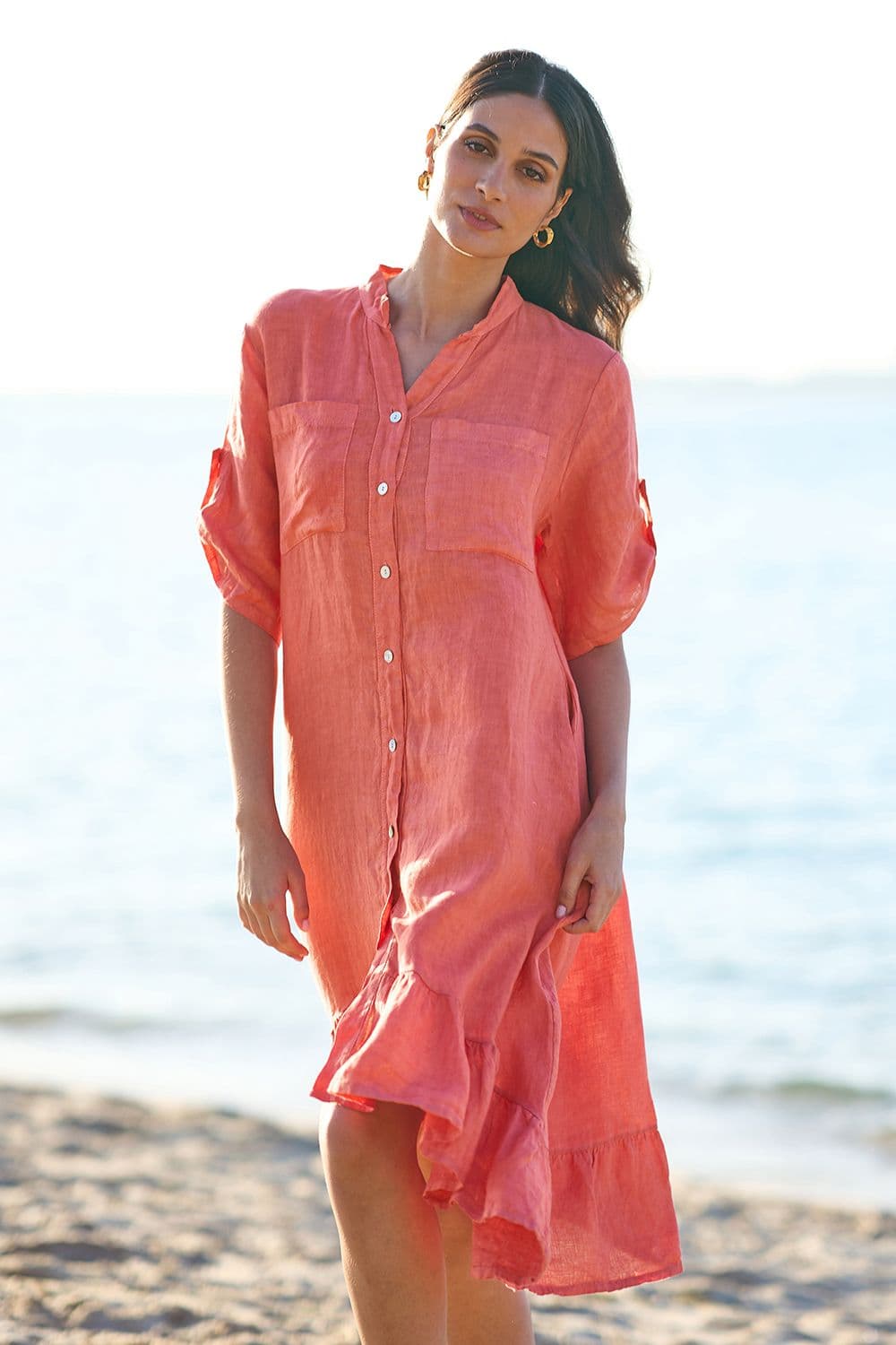 Yumi Women's Coral Italian Linen Shirt Dress With Frill Hem | Size: Small