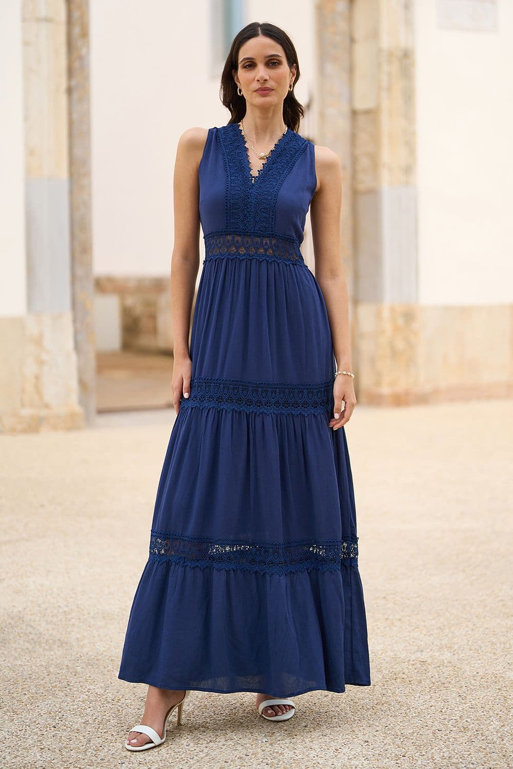 Yumi Women's Navy Lace Trim Cotton Midi Sun Dress | Size: Small