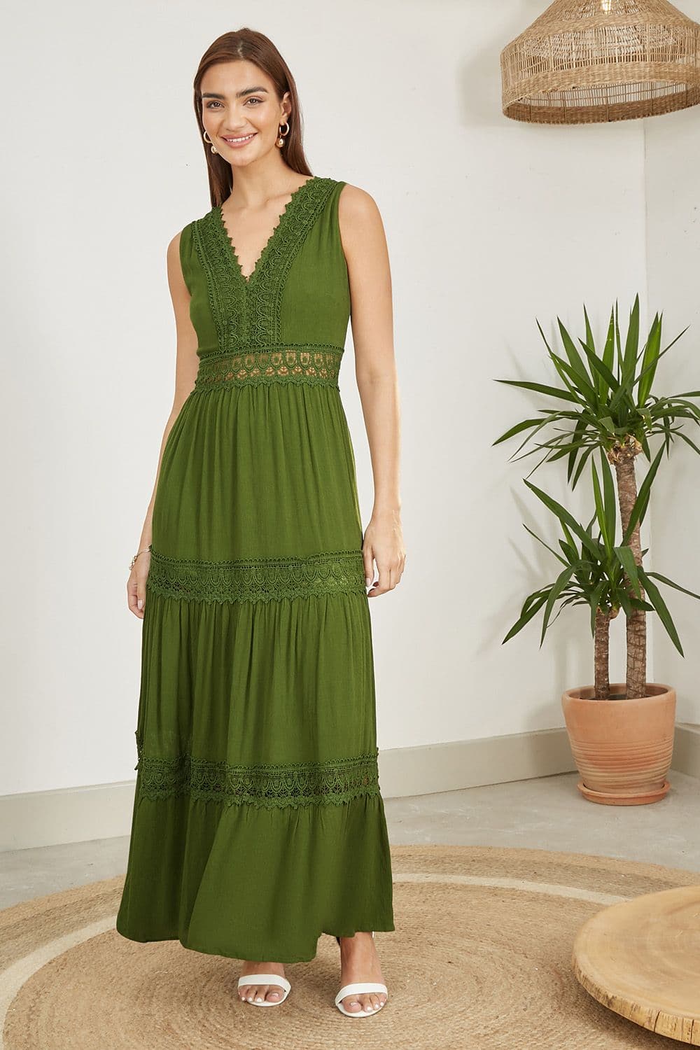 Yumi Women's Green Lace Trim Cotton Midi Sun Dress | Size: Medium