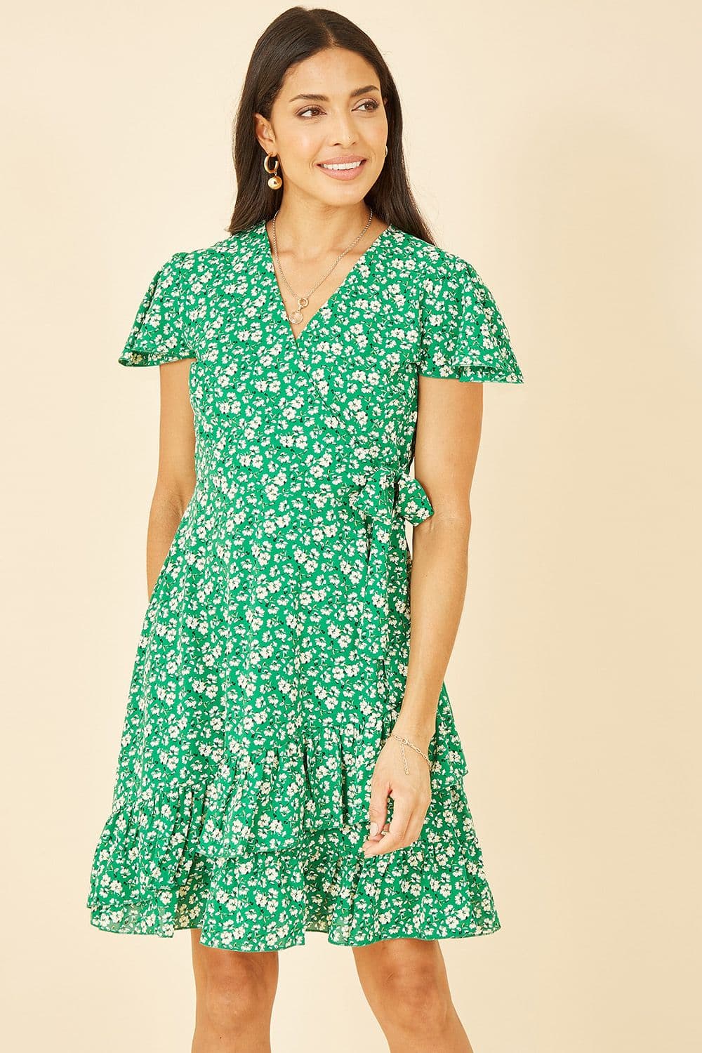 Yumi Women's Green Ditsy Floral Wrap Frill Dress | Size: 16