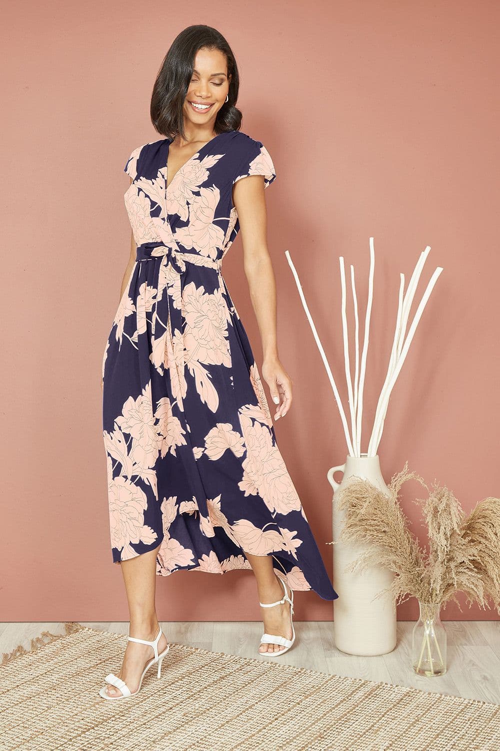 Yumi Women's Navy Blossom Print Wrap Midi With Dipped Hem | Size: 8
