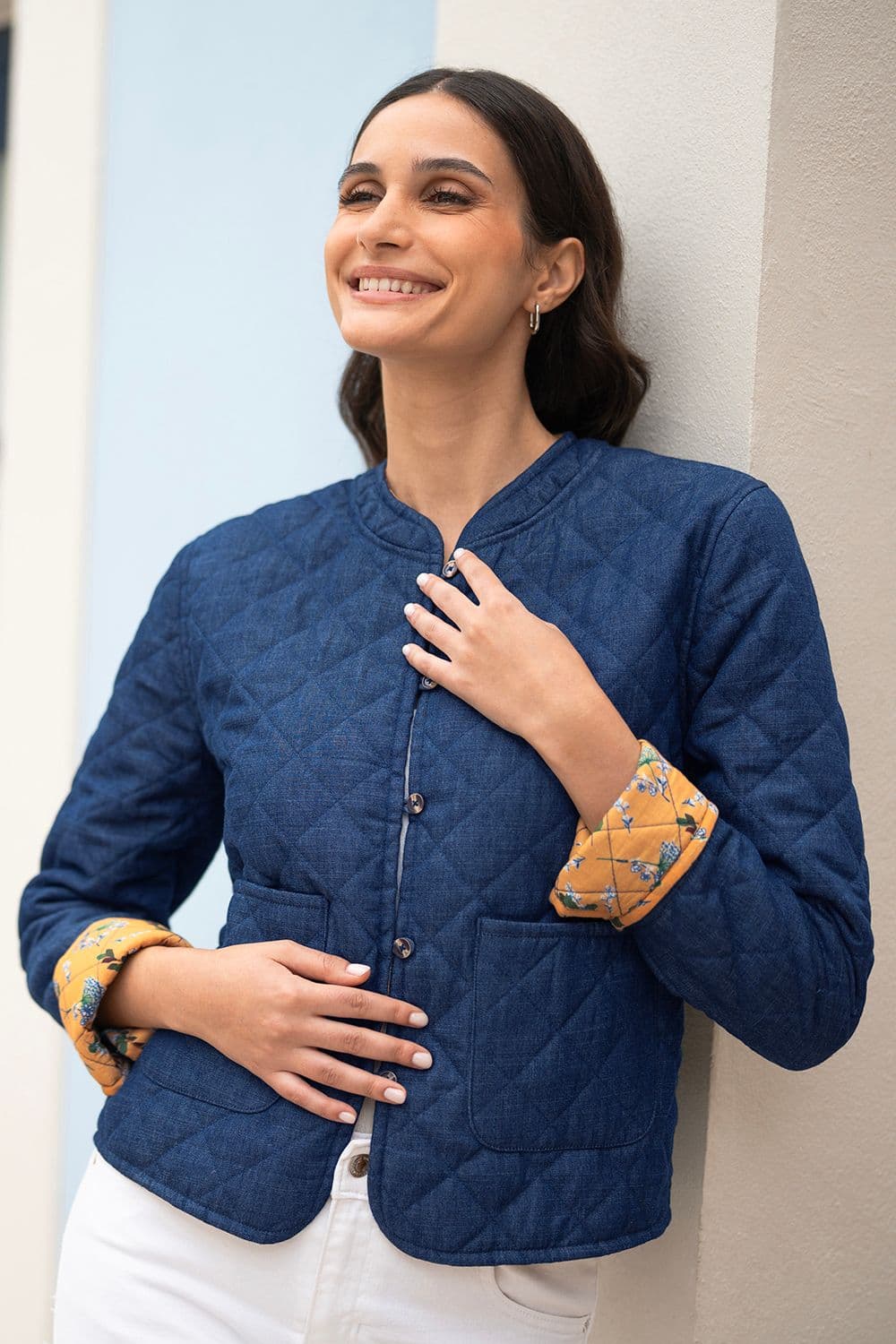 Yumi Women's Blue Chambray Quilted Jacket With Reversible Floral Lining | Size: 14