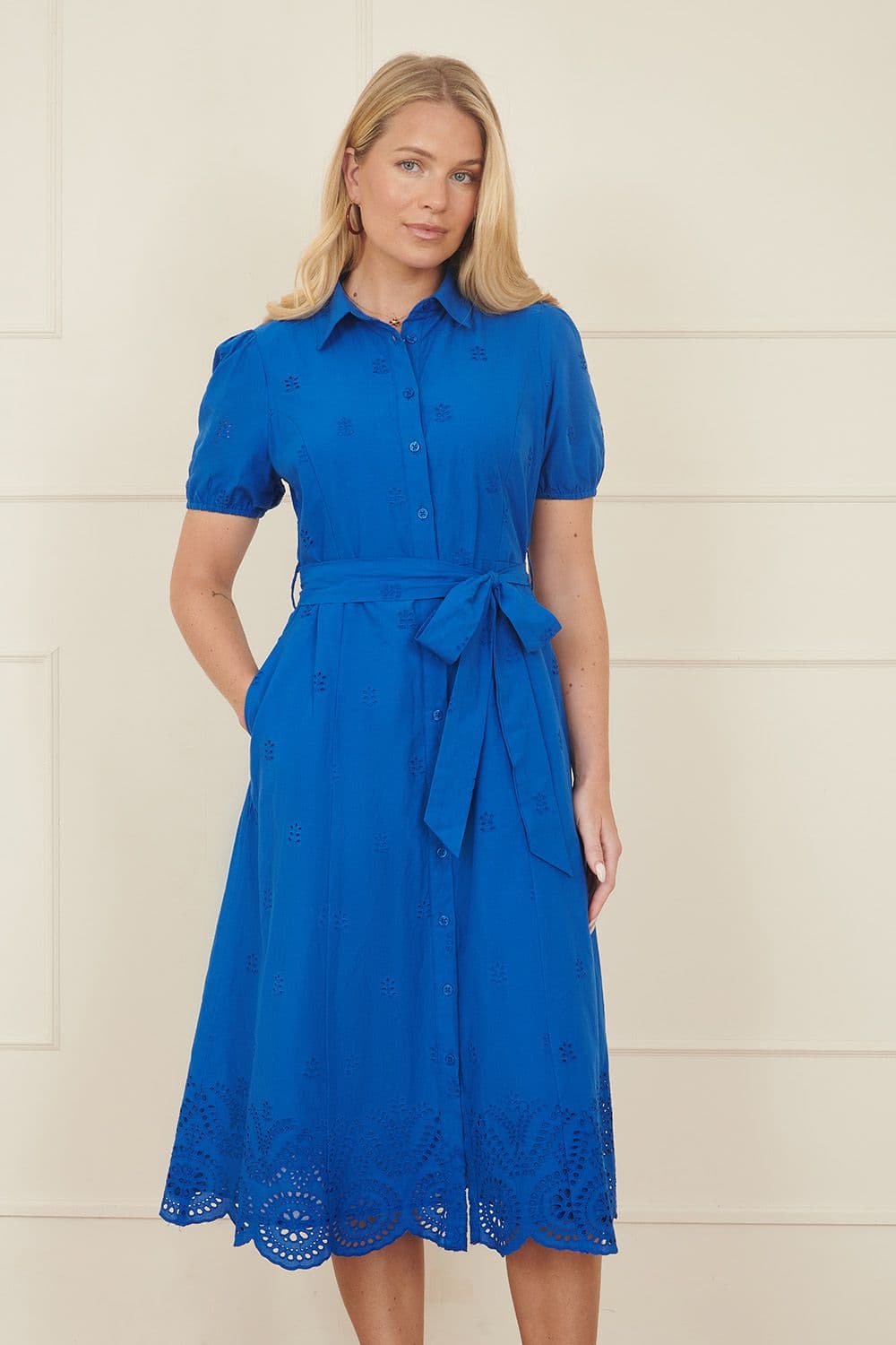 Yumi Women's Blue Cotton Shirt Midi Dress With Cut Out Details | Size: 12