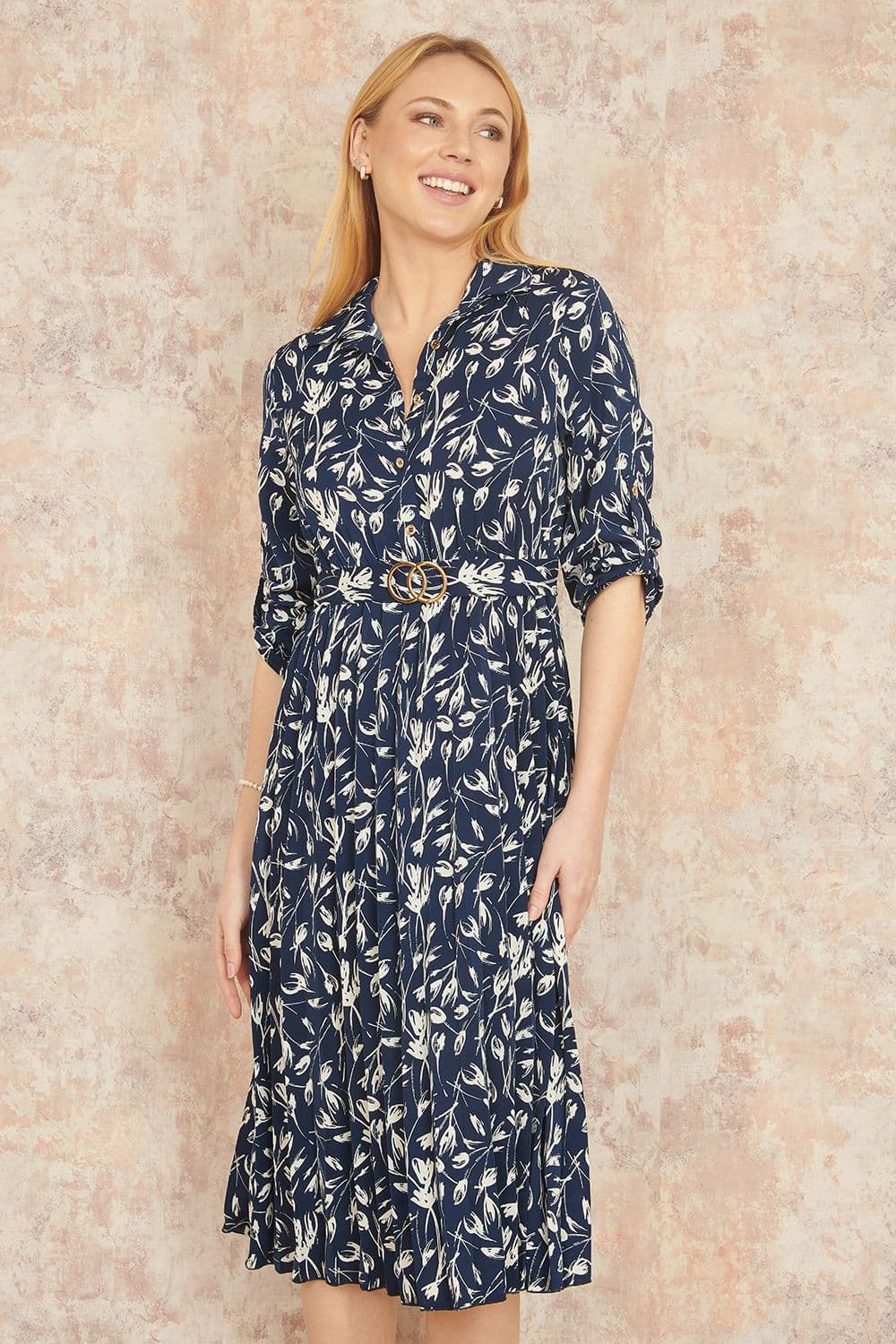 Yumi Women's Navy Floral Print Pleated Skater Dress With Buckle | Size: 10