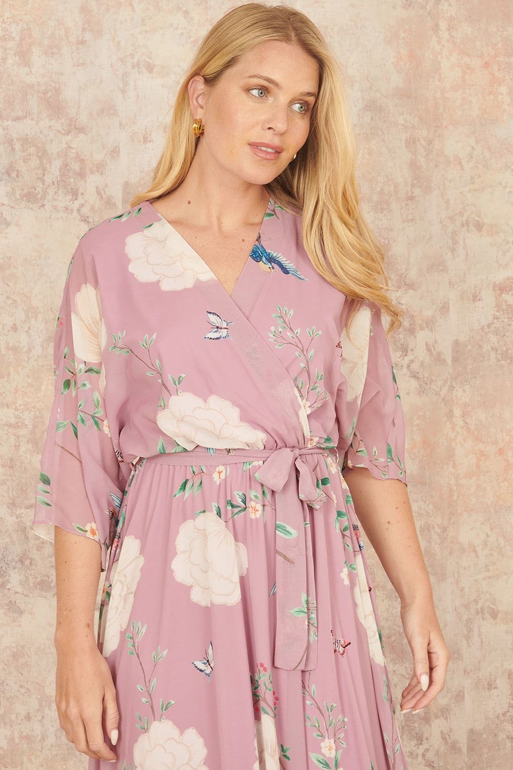 Yumi Women's Pink Bird & Floral Print Midi Wrap Dress | Size: 18