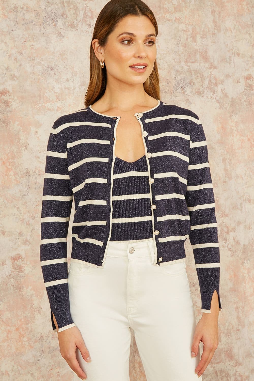 Yumi Women's Navy Striped Sparkle Knitted Cardigan | Size: Medium