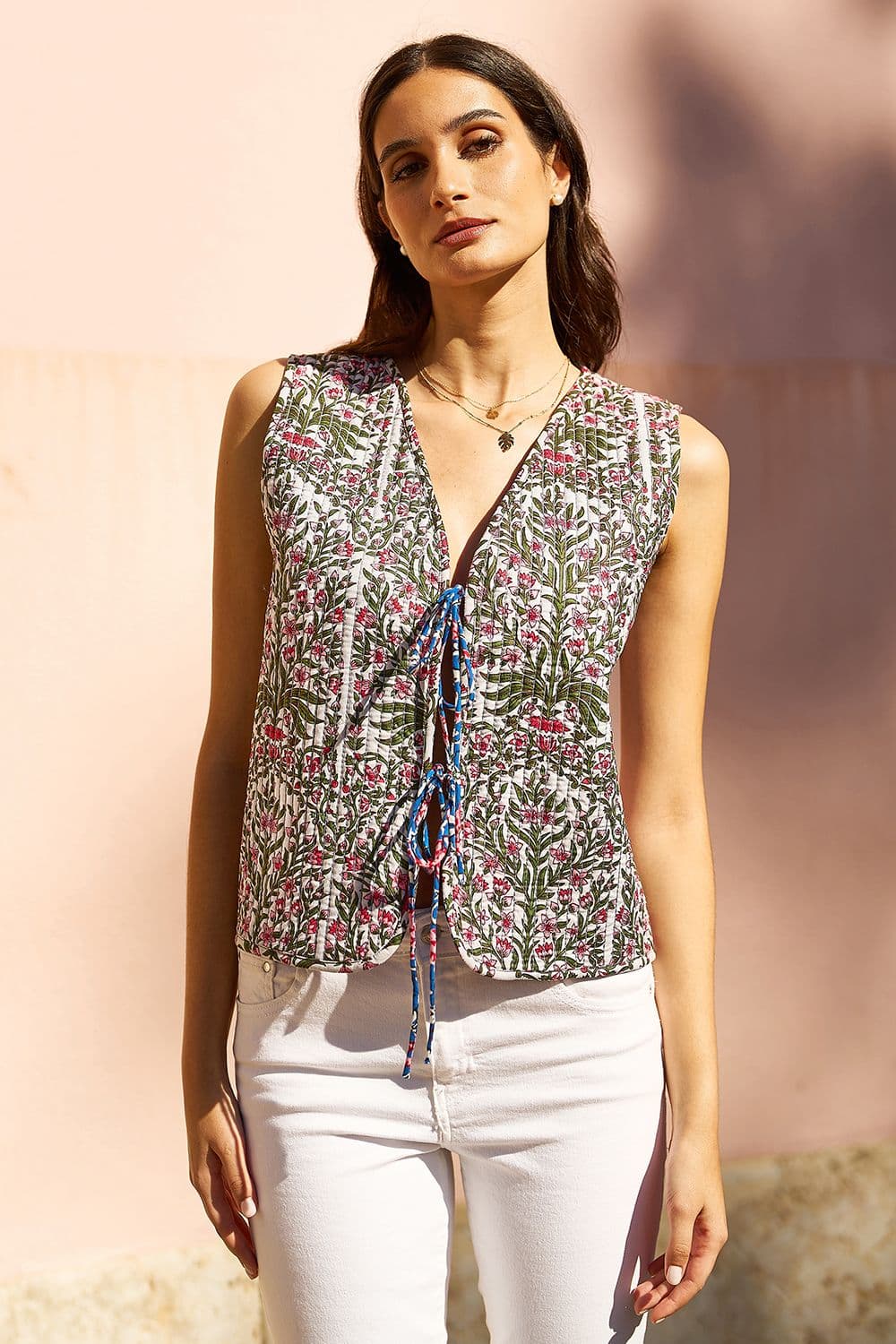 Yumi Women's Blue Flower Reversible Cotton Quilted Waistcoat | Size: 14