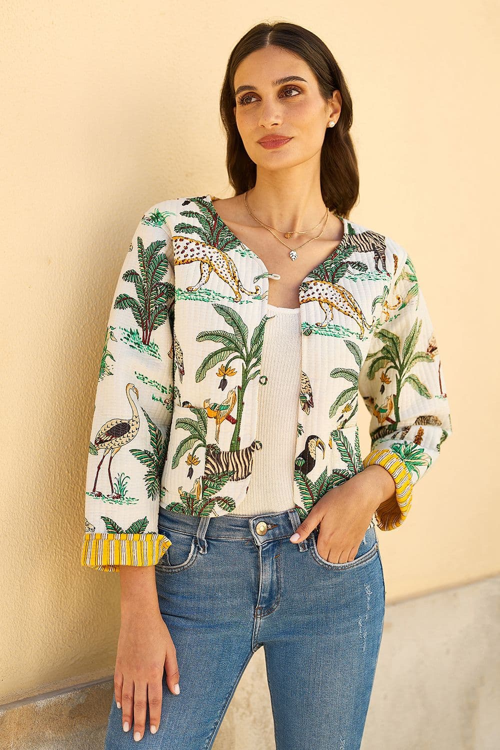 Yumi Women's White Animal Reversible Cotton Quilted Jacket | Size: 10