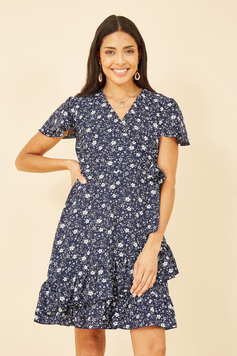 Yumi Women's Navy Ditsy Floral Wrap Frill Dress | Size: 10