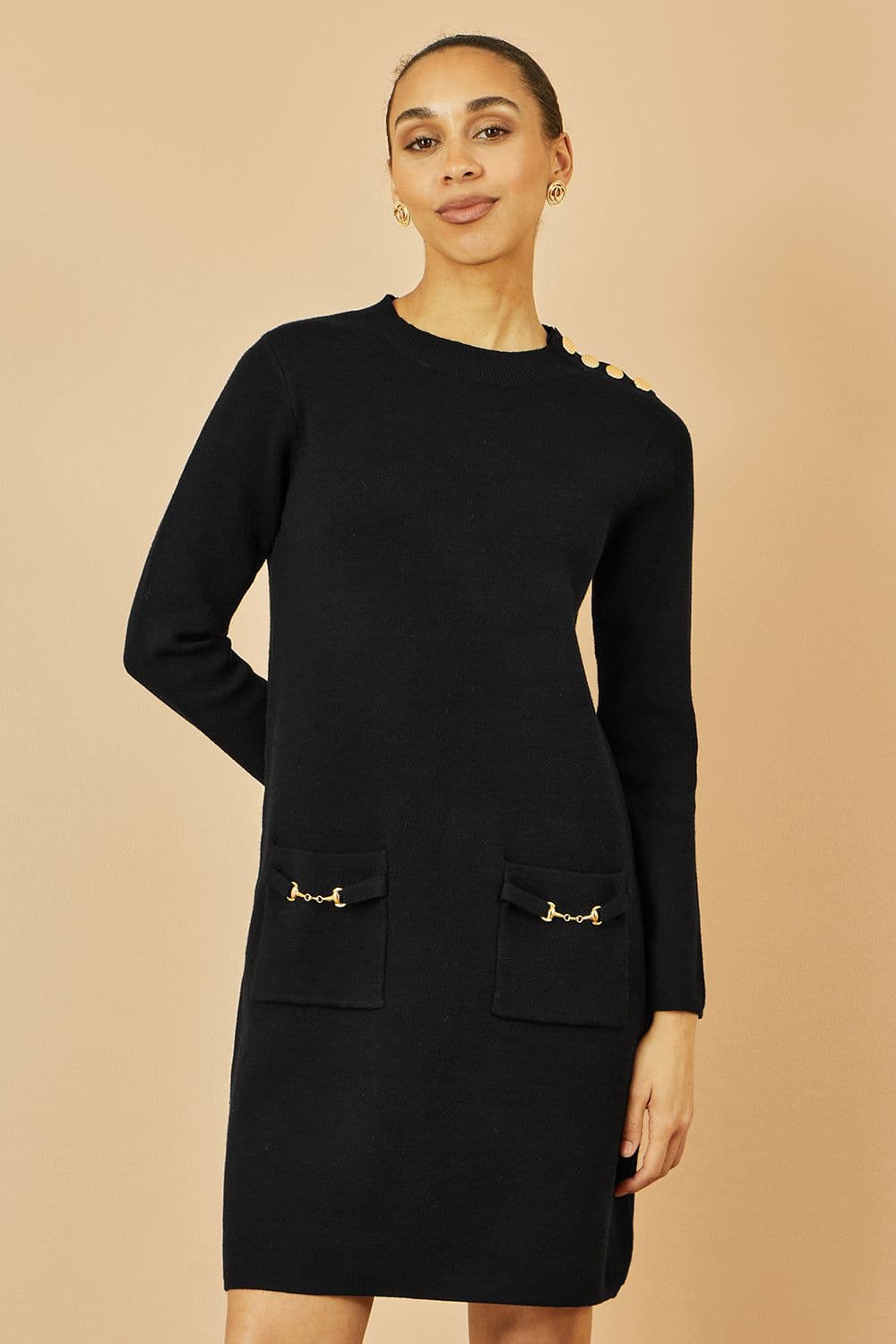 Yumi Women's Black Knitted Tunic Dress With Gold Hardware Details | Size: Small