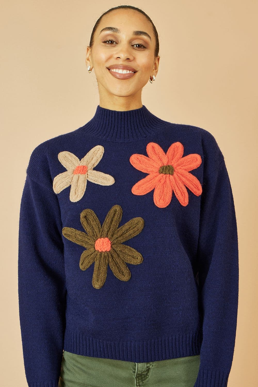 Yumi Women's Navy Knitted High Neck Jumper With Applique Flowers | Size: Large
