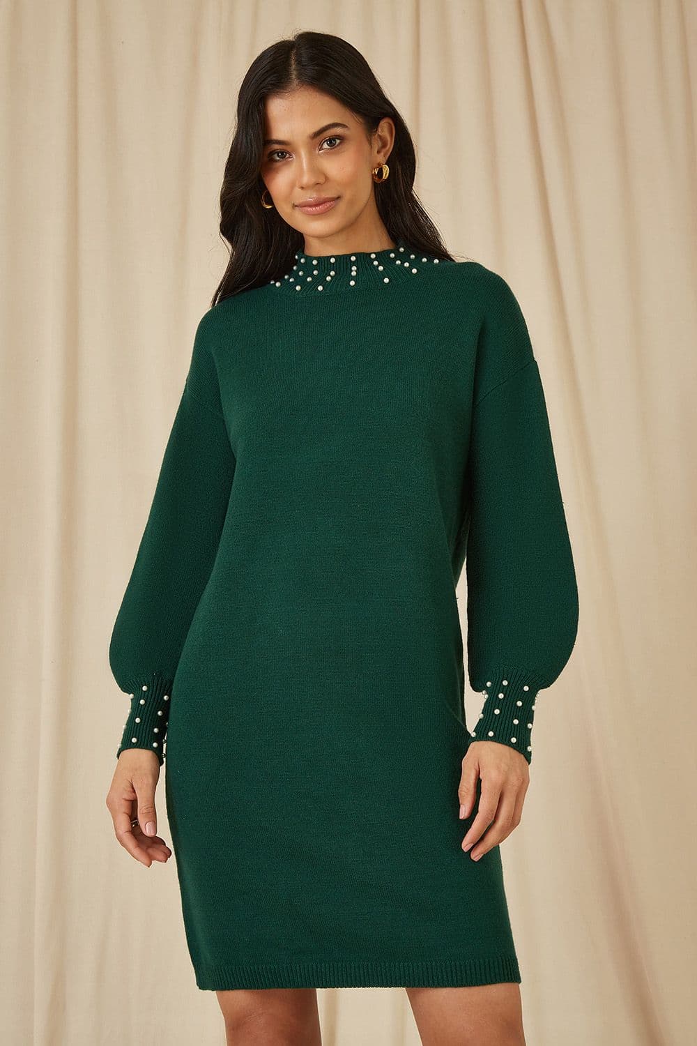Yumi Women's Green Pearl Detail Knitted Relaxed Jumper Dress | Size: Medium